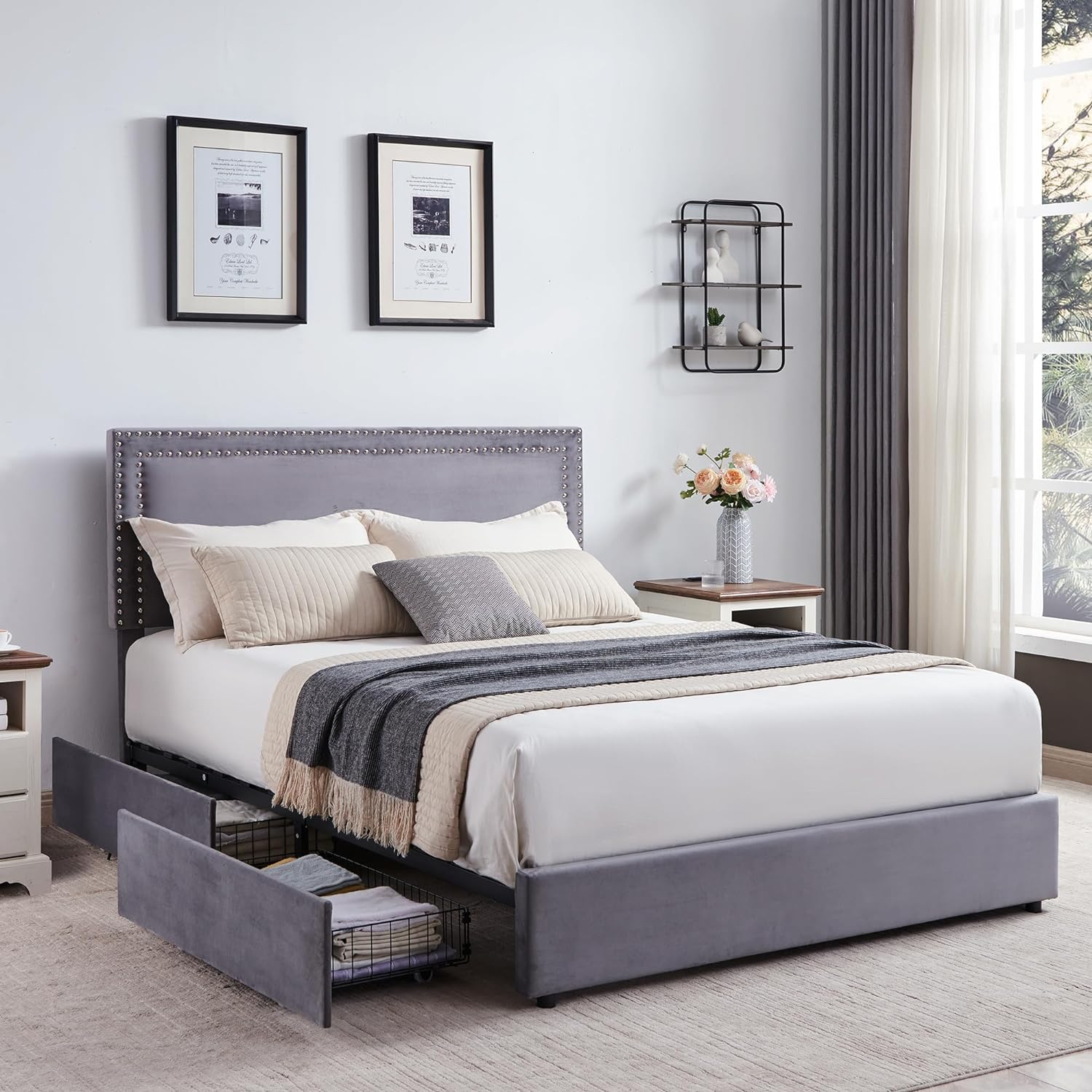  Queen Bed Frame with 4 Storage Drawers, Upholstered