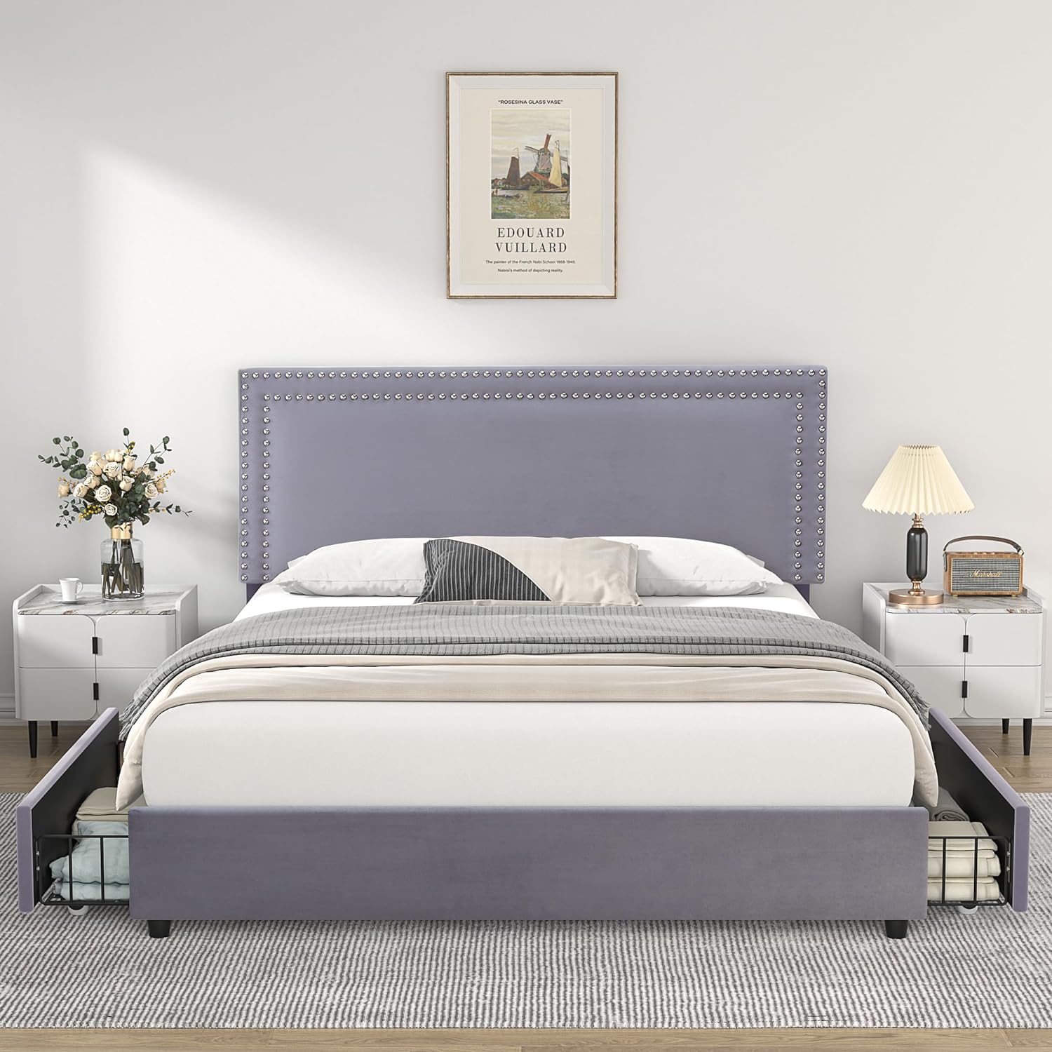 Full/Queen Size Upholstered Bed Frame with 4 Drawers-Silver-Full Size - Color