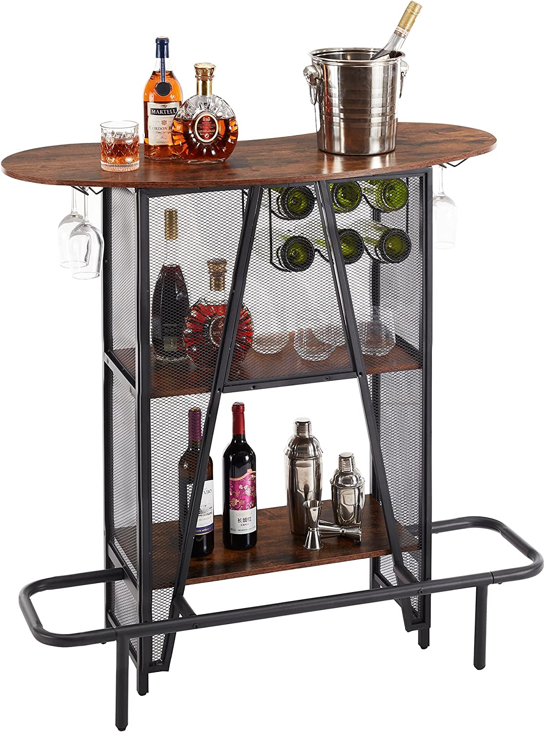 VECELO Bar Unit with Metal Mesh Front, 3-Tier Wine Rack Table with Gla