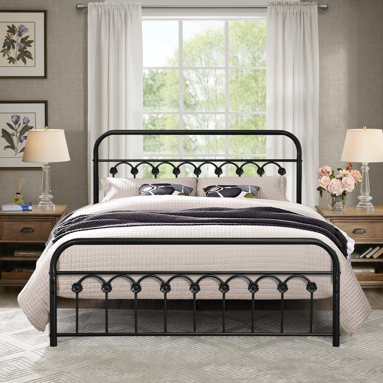 VECELO Vintage Metal Bed Frame Platform With Headboard And Footboard/No ...