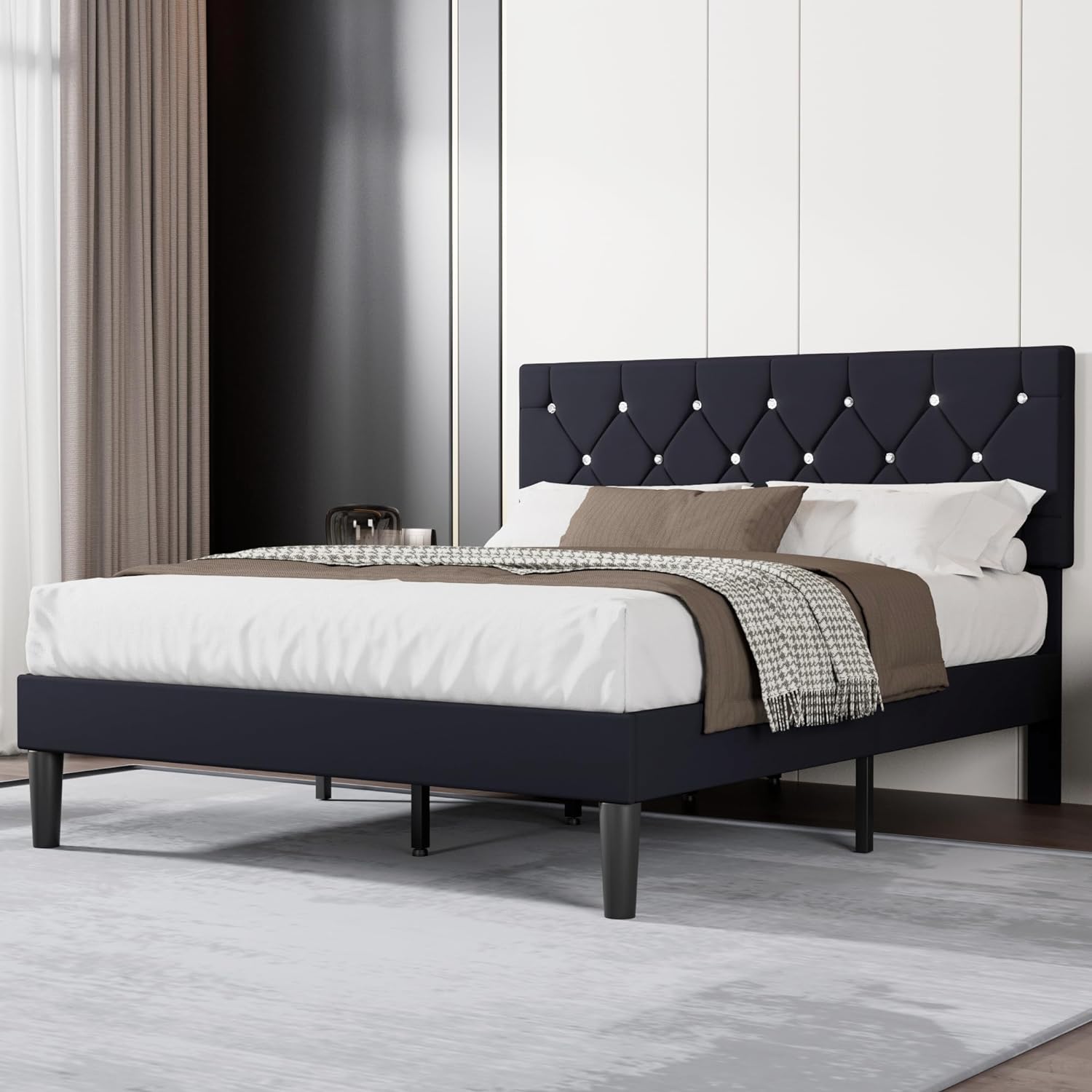 VECELO Queen Size Bed Frame, Upholstered Platform with Adjustable Diamond Tufted Headboard