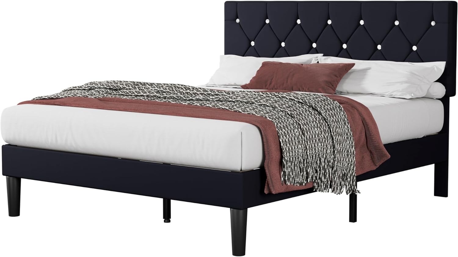 VECELO Queen Size Bed Frame, Upholstered Platform with Adjustable Diamond Tufted Headboard