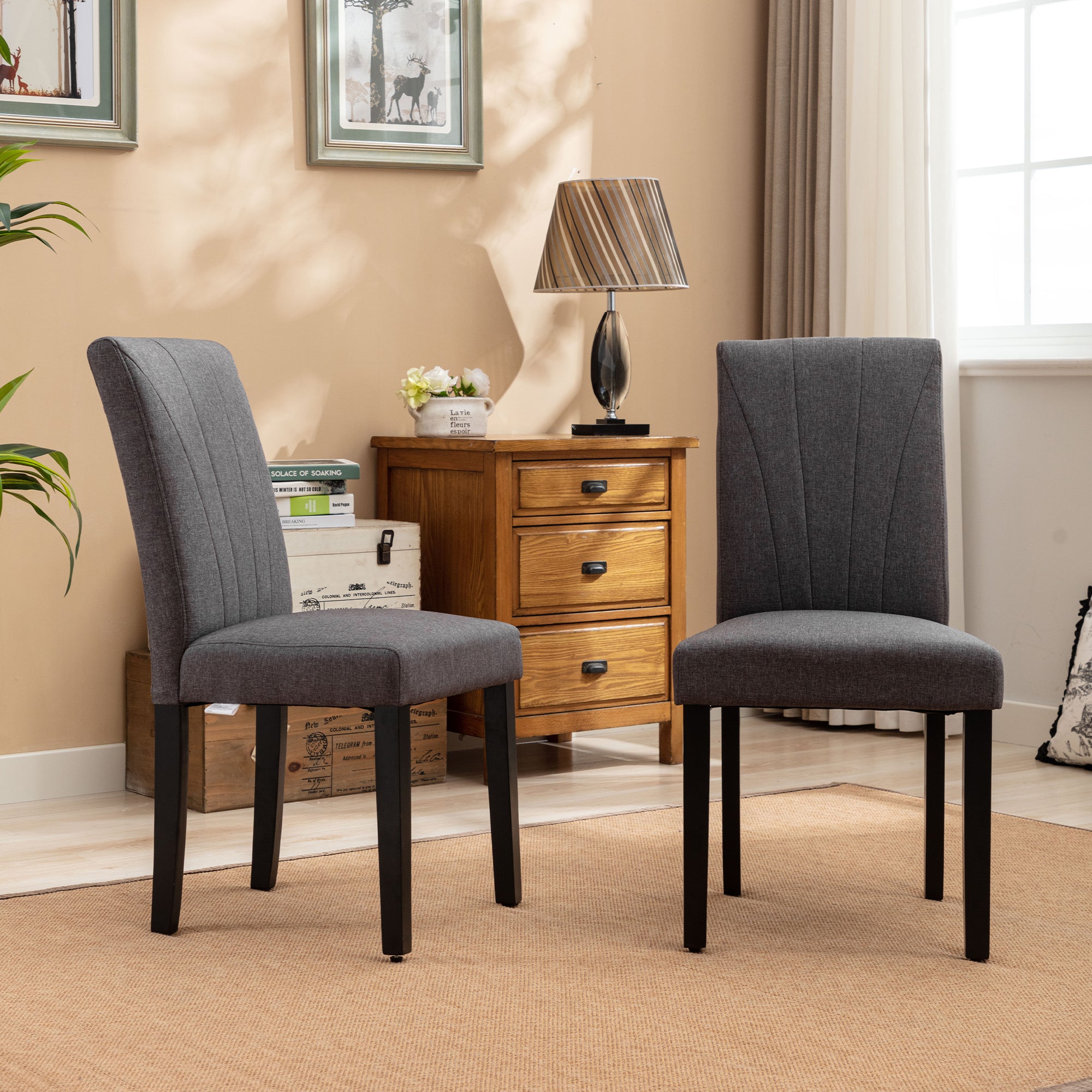 VECELO Set of 2 Upholstered Dining Chairs, Modern Fabric and Solid Wood Legs & High Back