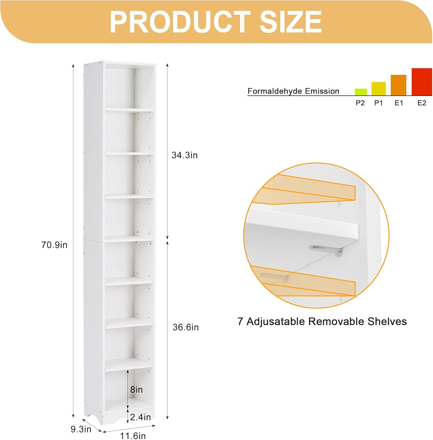 VECELO Tall Narrow Bookcase with Adjustable Shelves – Stylish Slim Storage Cabinet with Moisture-Resistant Base and Space-Saving Design for Home Office – Elegant White Finish