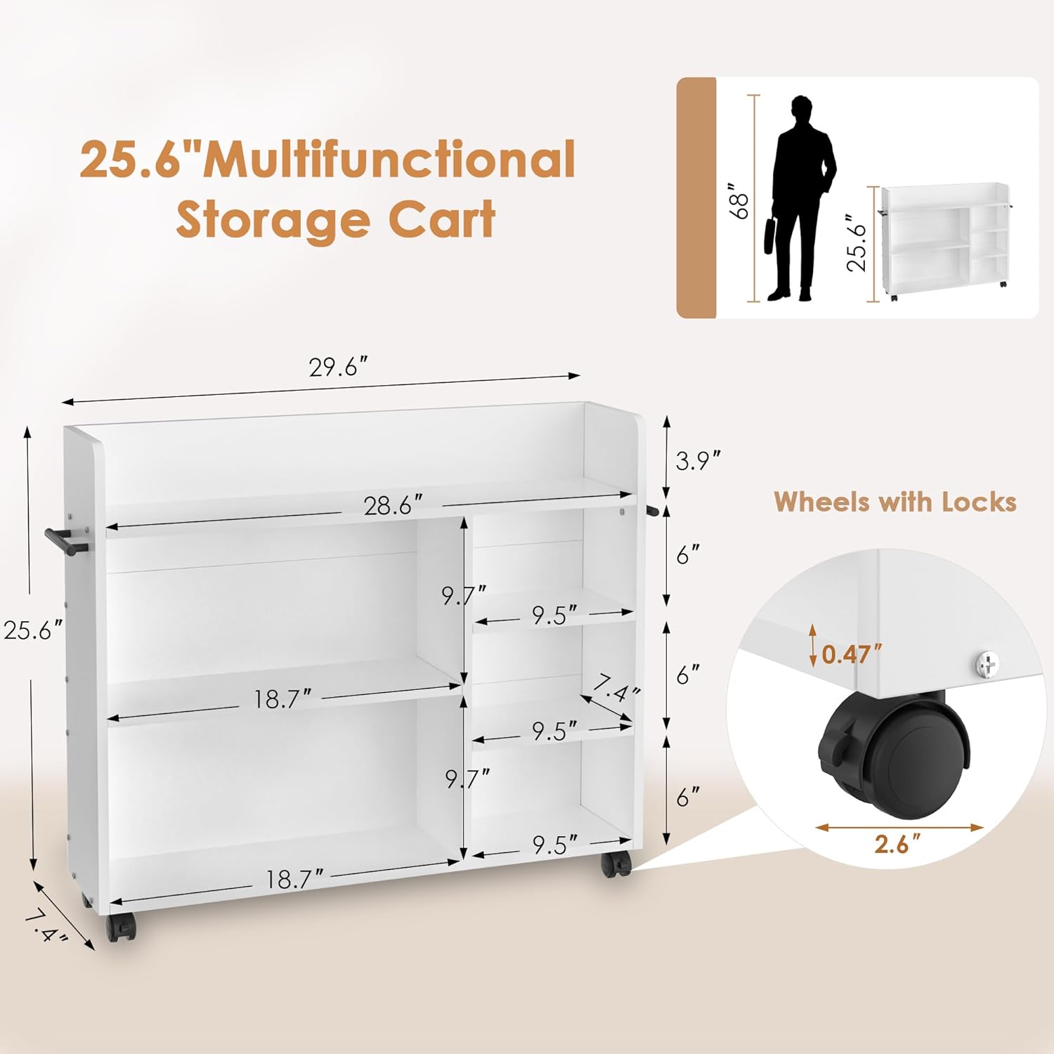 VECELO Book Cart, Library Wood Rolling Book Truck with Lockable Wheels, for Home Office, White