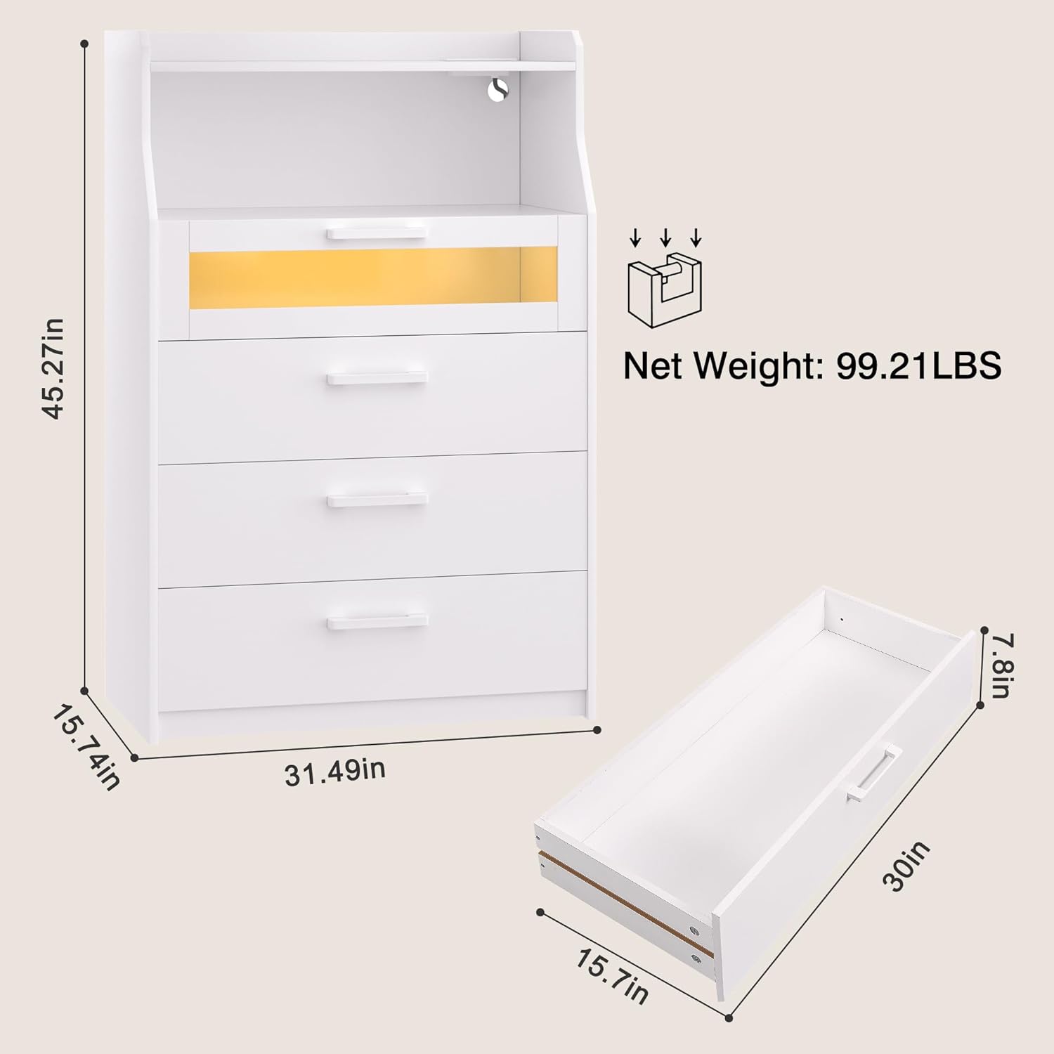 VECELO LED Dresser for Bedroom Tall Chest of 4 Drawers with Power Outlet