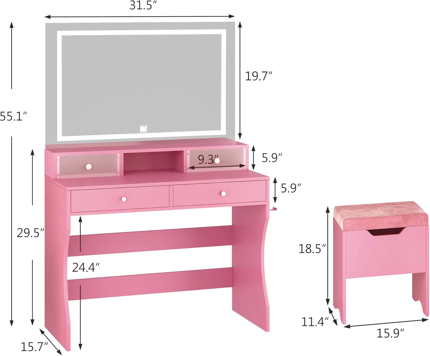 VECELO Vanity Desk with LED Lighted Mirror and Power Outlet