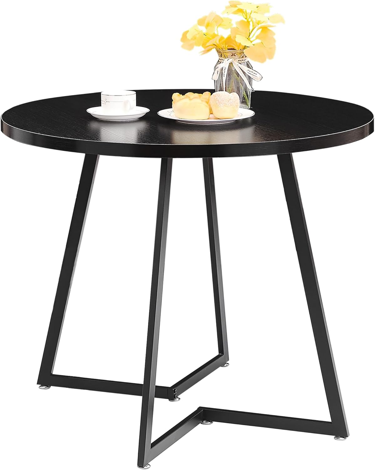 VECELO Round Dining Room Table with Wood Grain Tabletop and Steel Frame