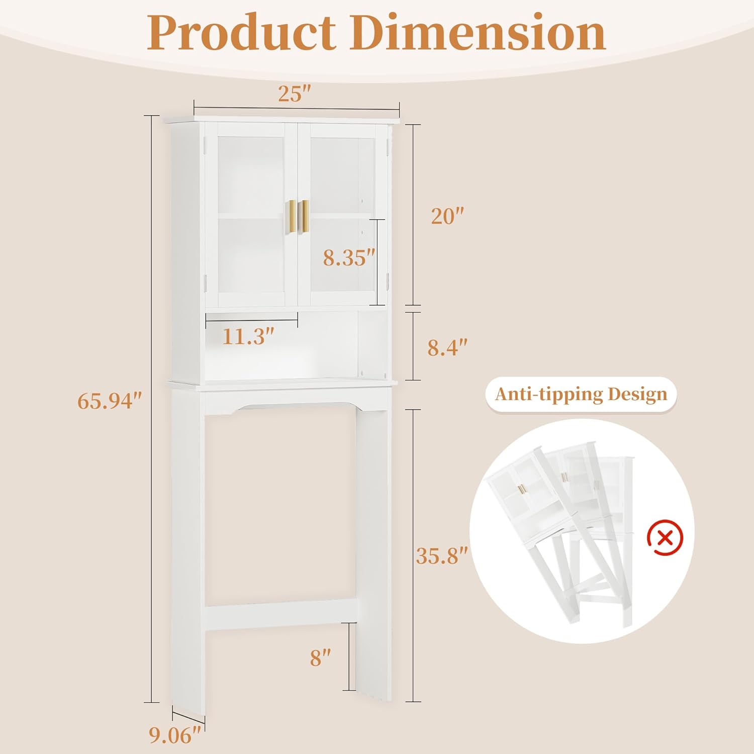 VECELO Over The Toilet Storage Cabinet, Bathroom Organizer with Double Tempered Glass Doors and Anti-Tip Device