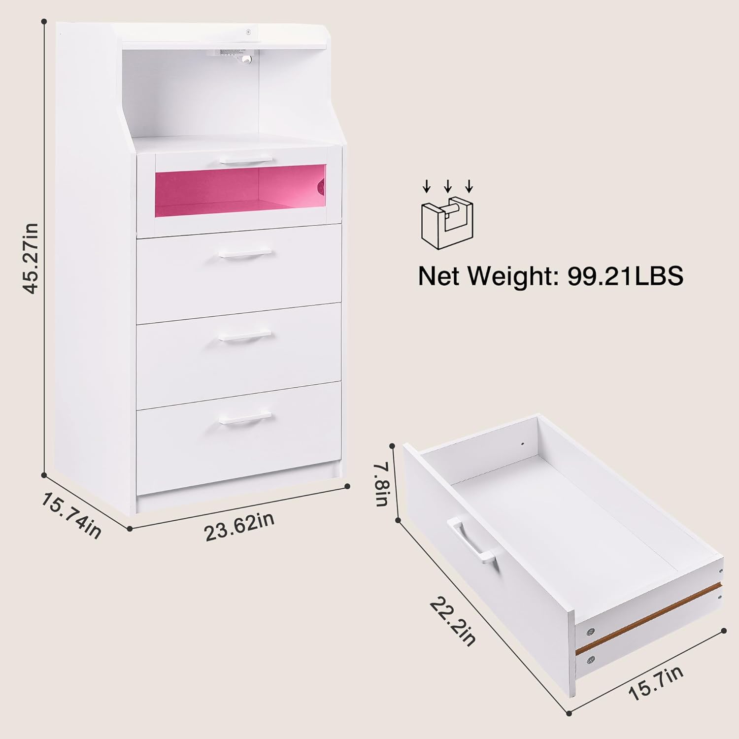 VECELO LED Dresser for Bedroom Tall Chest of 4 Drawers with Power Outlet