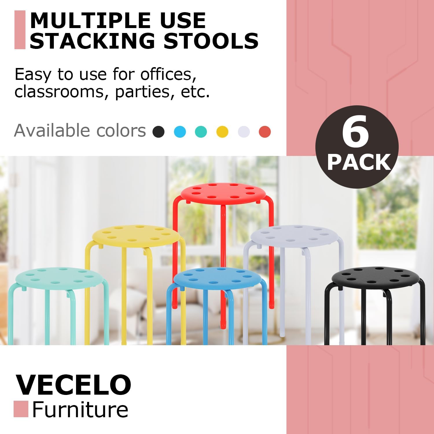 VECELO Set of 6 Stacking Stools Portable with Metal Frame, Colorful Stool for Classroom School