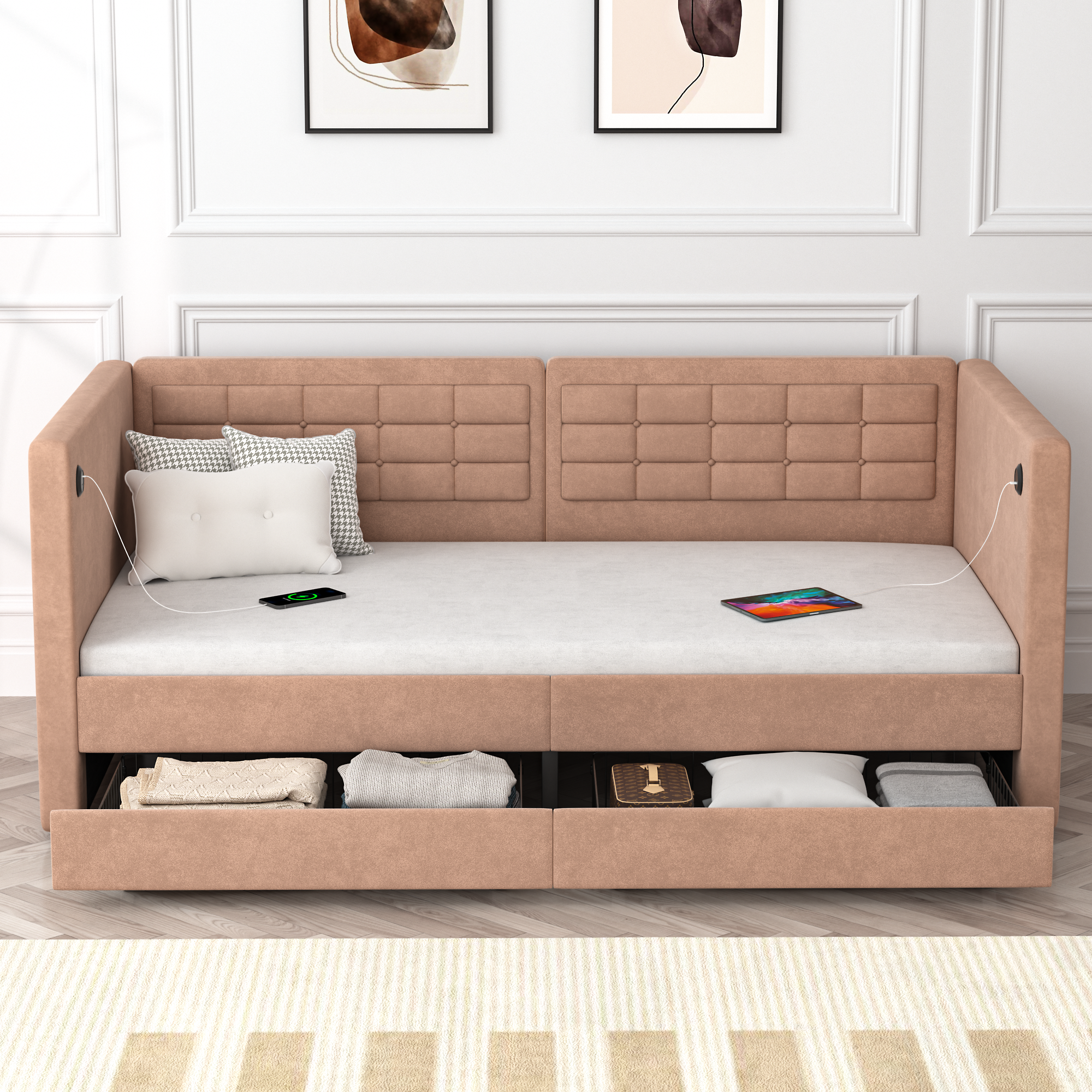 VECELO Twin Daybed with Storage Drawers, Upholstered Day Bed with Button Tufted headboard and Wood Slat Support