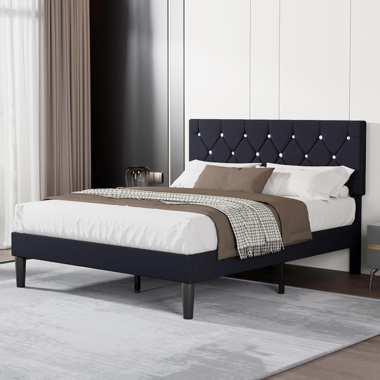 VECELO Queen Size Bed Frame, Upholstered Platform with Adjustable Diamond Tufted Headboard