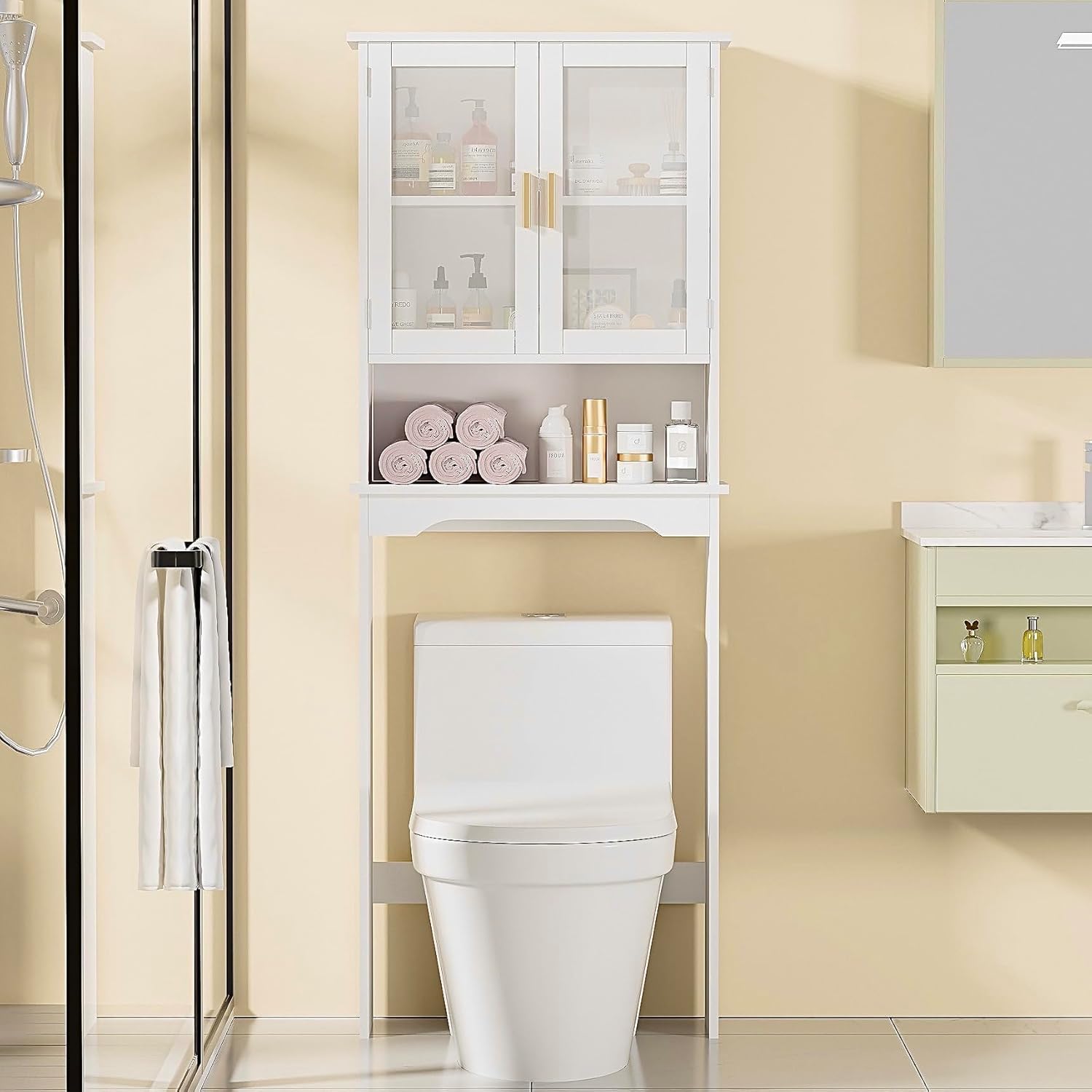 VECELO Over The Toilet Storage Cabinet, Bathroom Organizer with Double Tempered Glass Doors and Anti-Tip Device