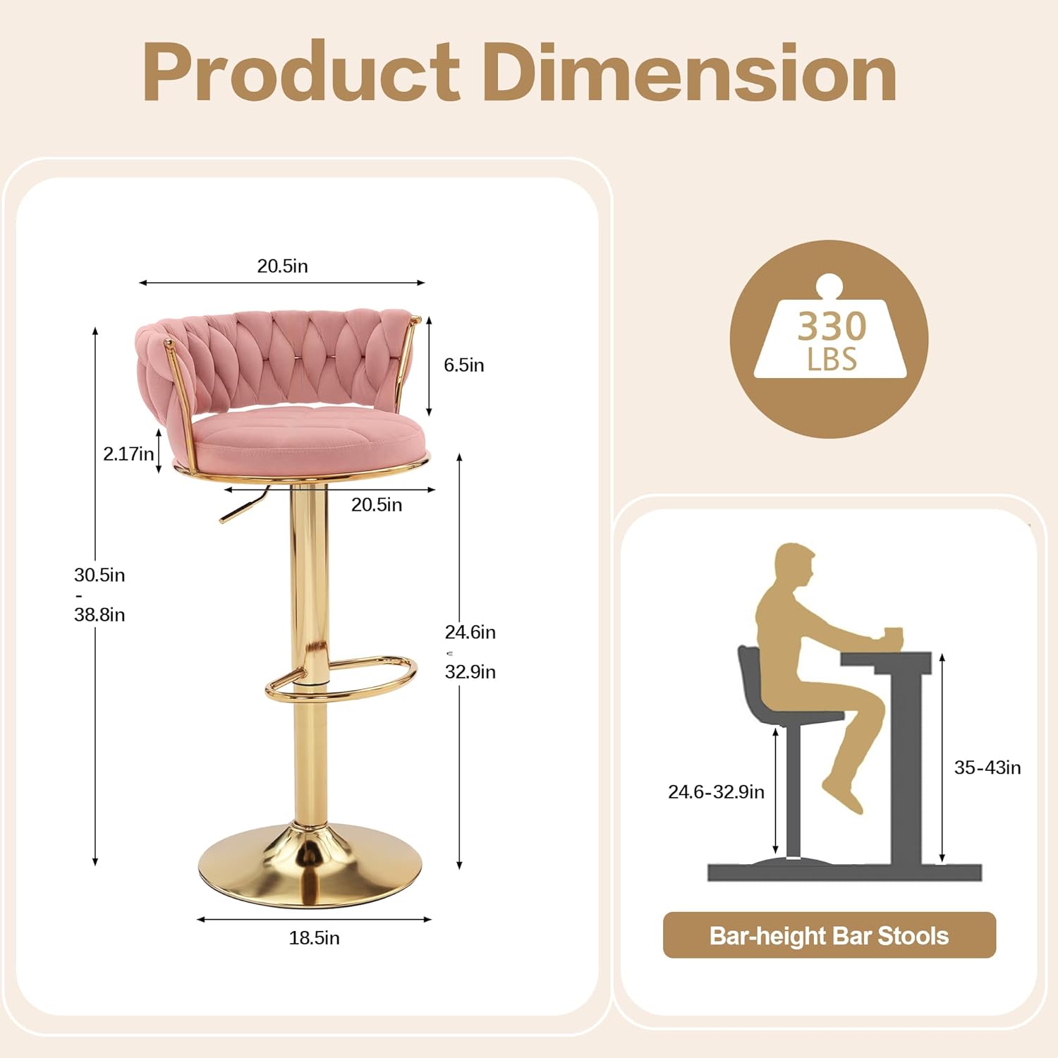 VECELO Bar Stools Set of 2, Adjustable Barstools Counter Height Stools with Back and Arm