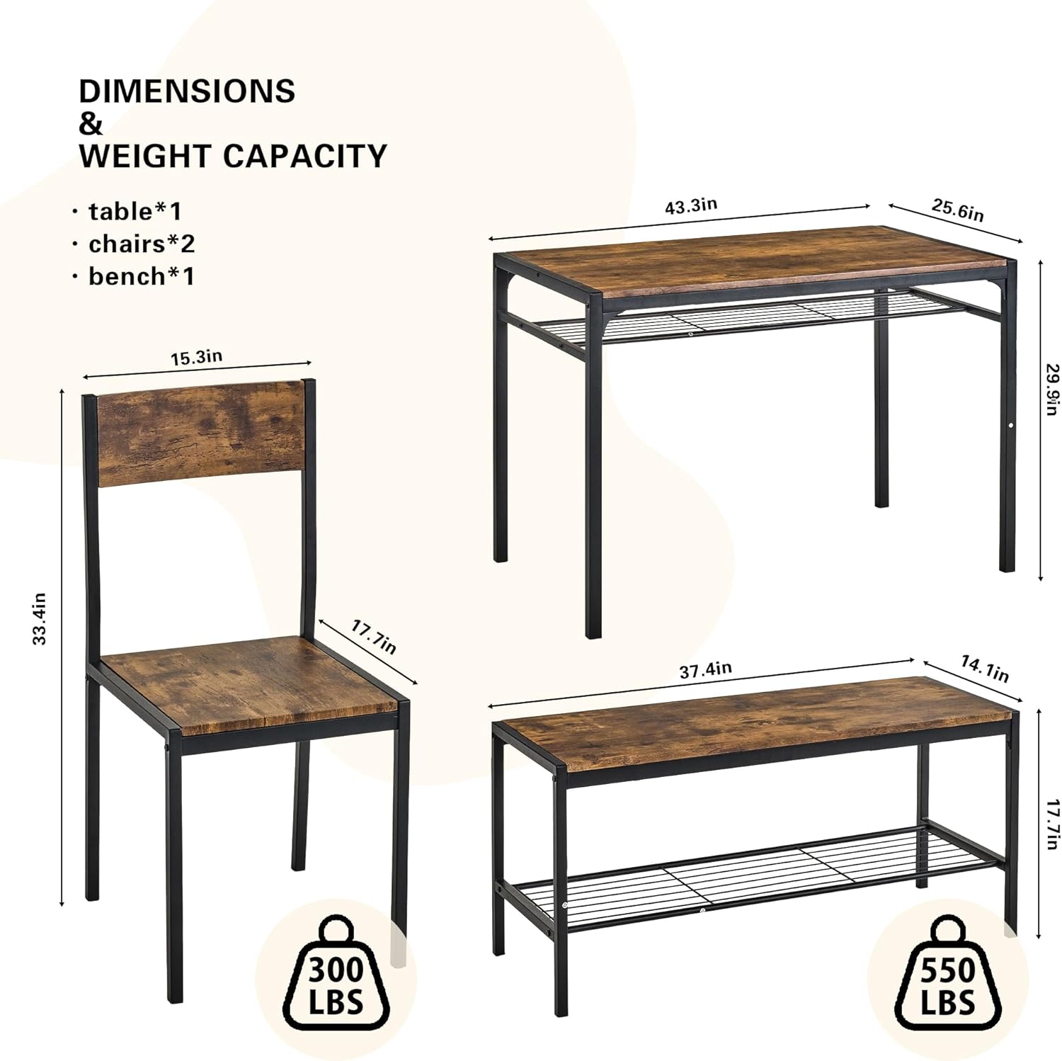 VECELO Kitchen Dining Room Table with 2 Chairs & Bench