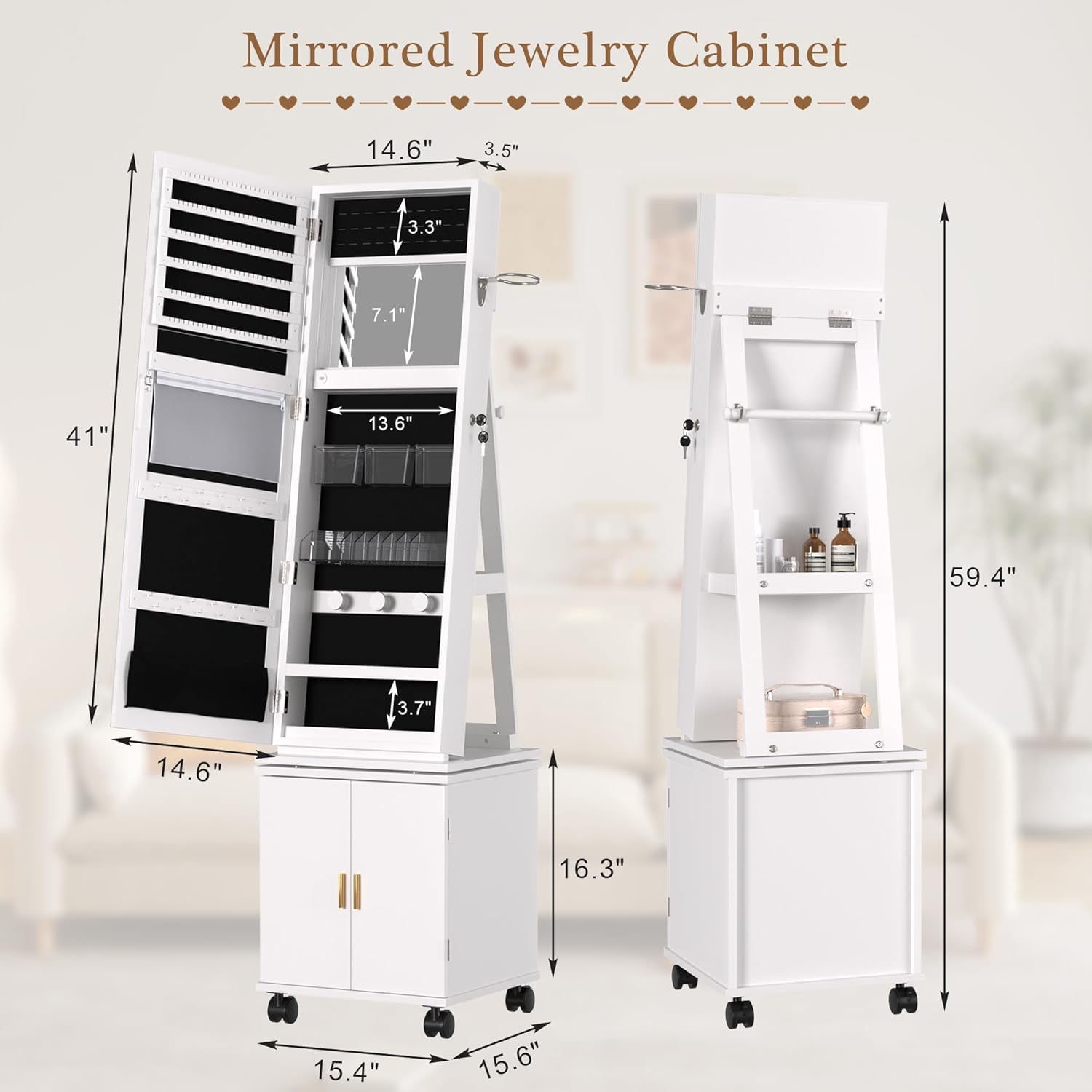 VECELO Jewelry Cabinet Standing Full Length Mirror with LED Lights