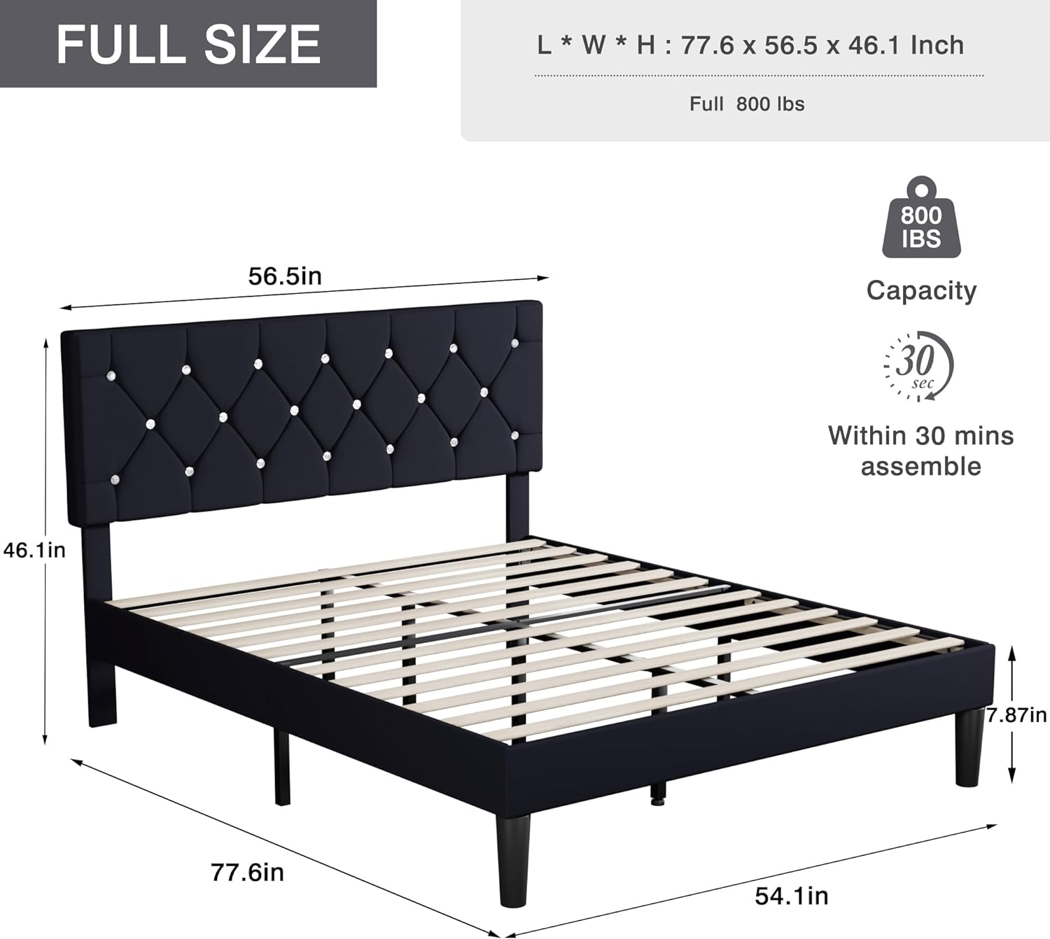 VECELO Queen Size Bed Frame, Upholstered Platform with Adjustable Diamond Tufted Headboard