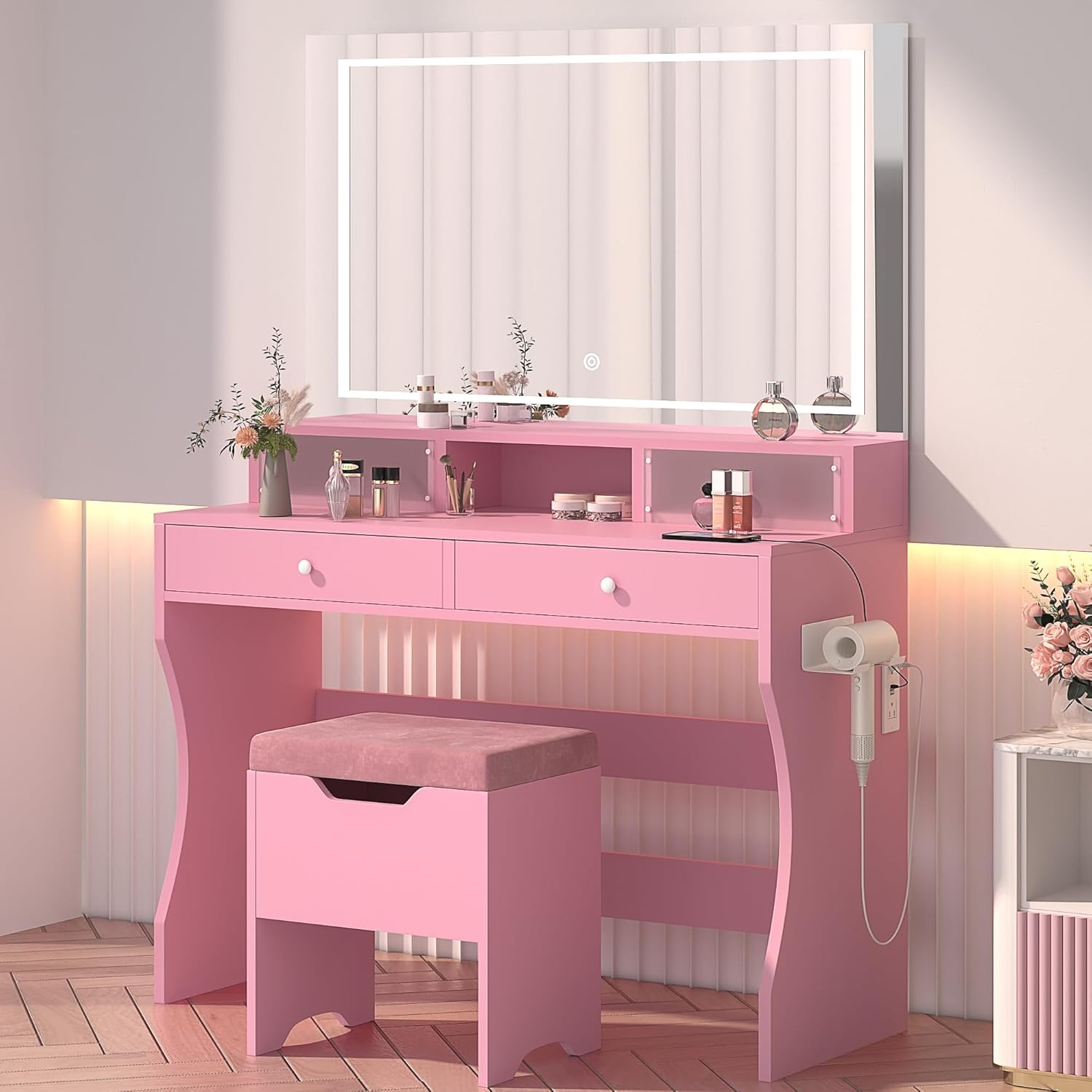 VECELO Vanity Desk with LED Lighted Mirror and Power Outlet