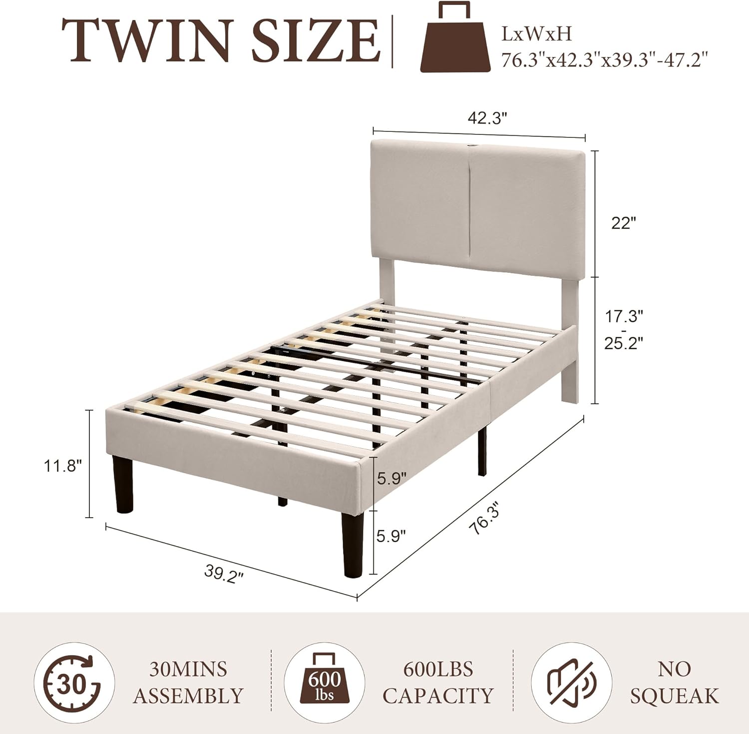 VECELO Twin/Full/Queen Bed Frame Upholstered Platform with Type-C & USB Ports Height-Adjustable Cotton and Linen Headboard