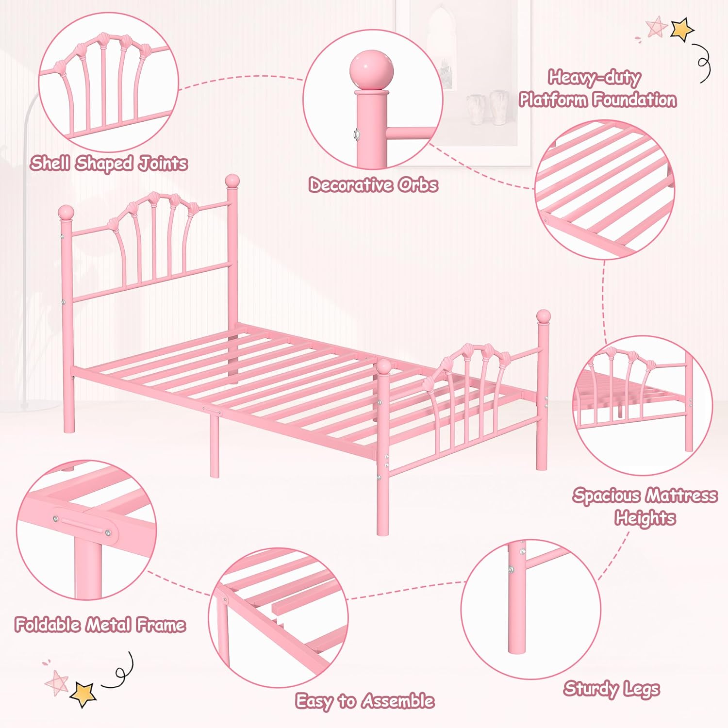 VECELO Twin Size Metal Bed Frame with Shell Headboard and Footboard