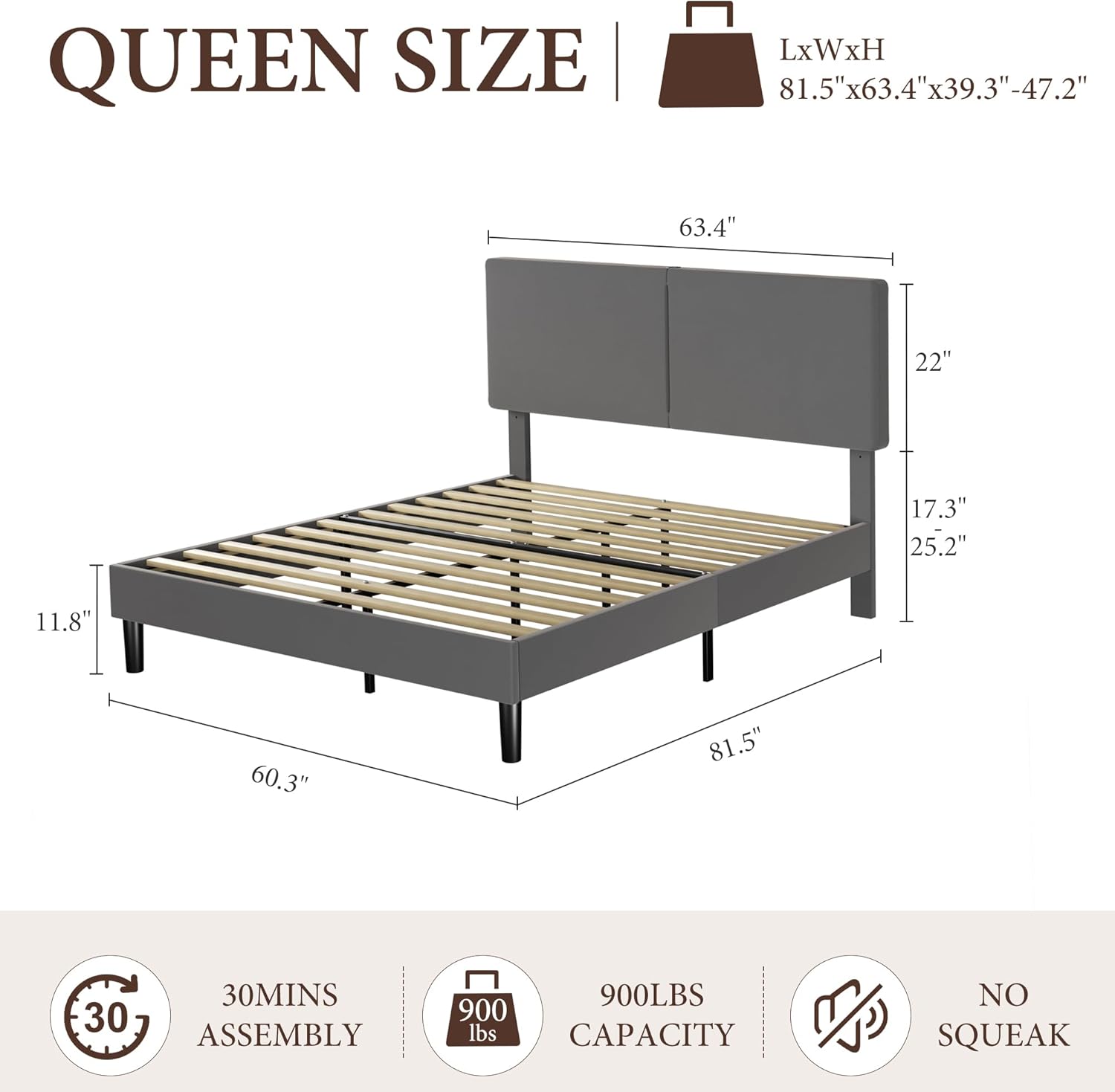 VECELO Twin/Full/Queen Bed Frame Upholstered Platform with Type-C & USB Ports Height-Adjustable Cotton and Linen Headboard