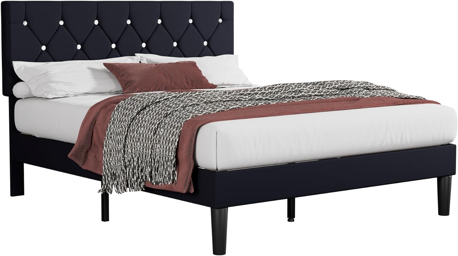 VECELO Queen Size Bed Frame, Upholstered Platform with Adjustable Diamond Tufted Headboard