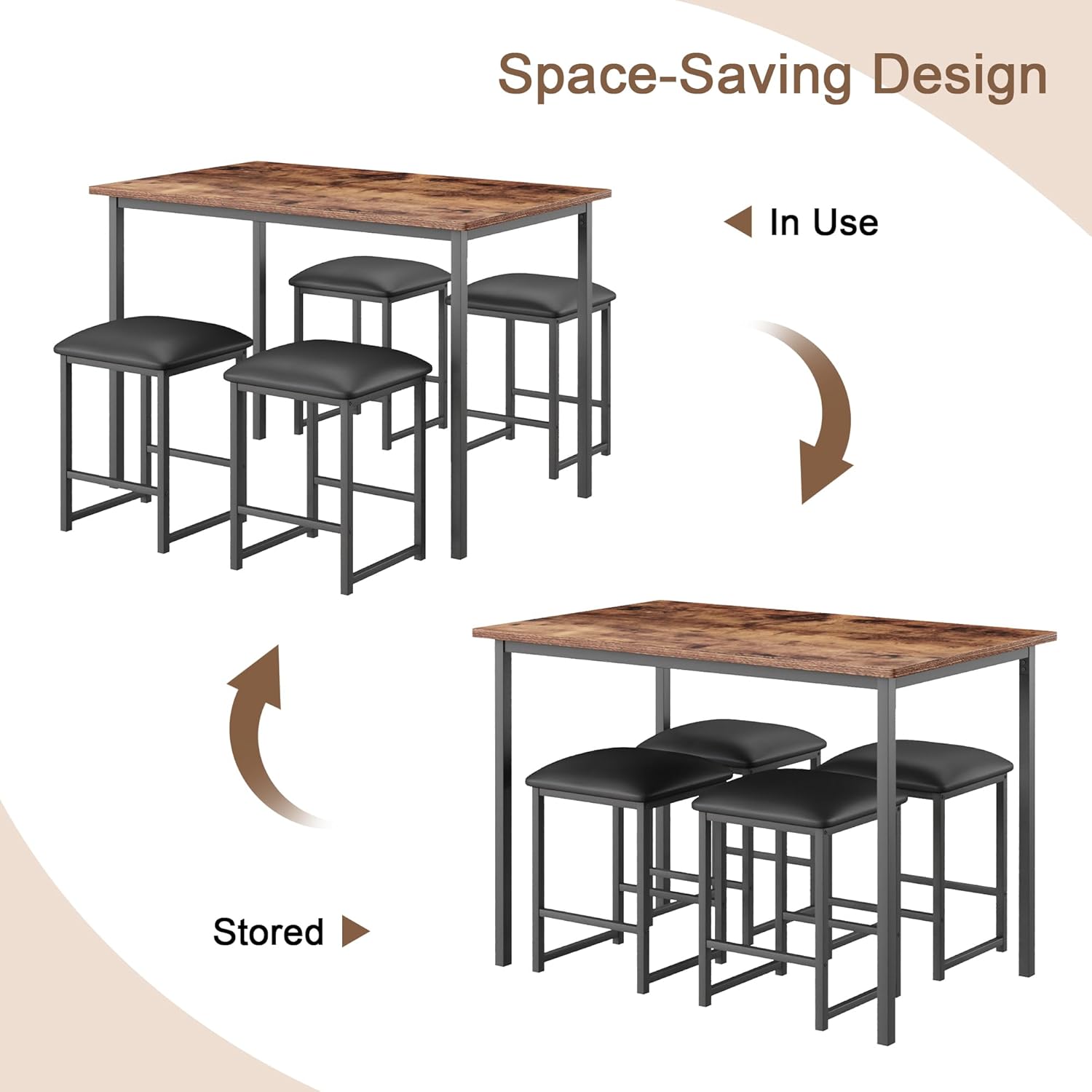 VECELO Kitchen Table and Chairs for 4, Dining Room Set with PU Chairs/Stools