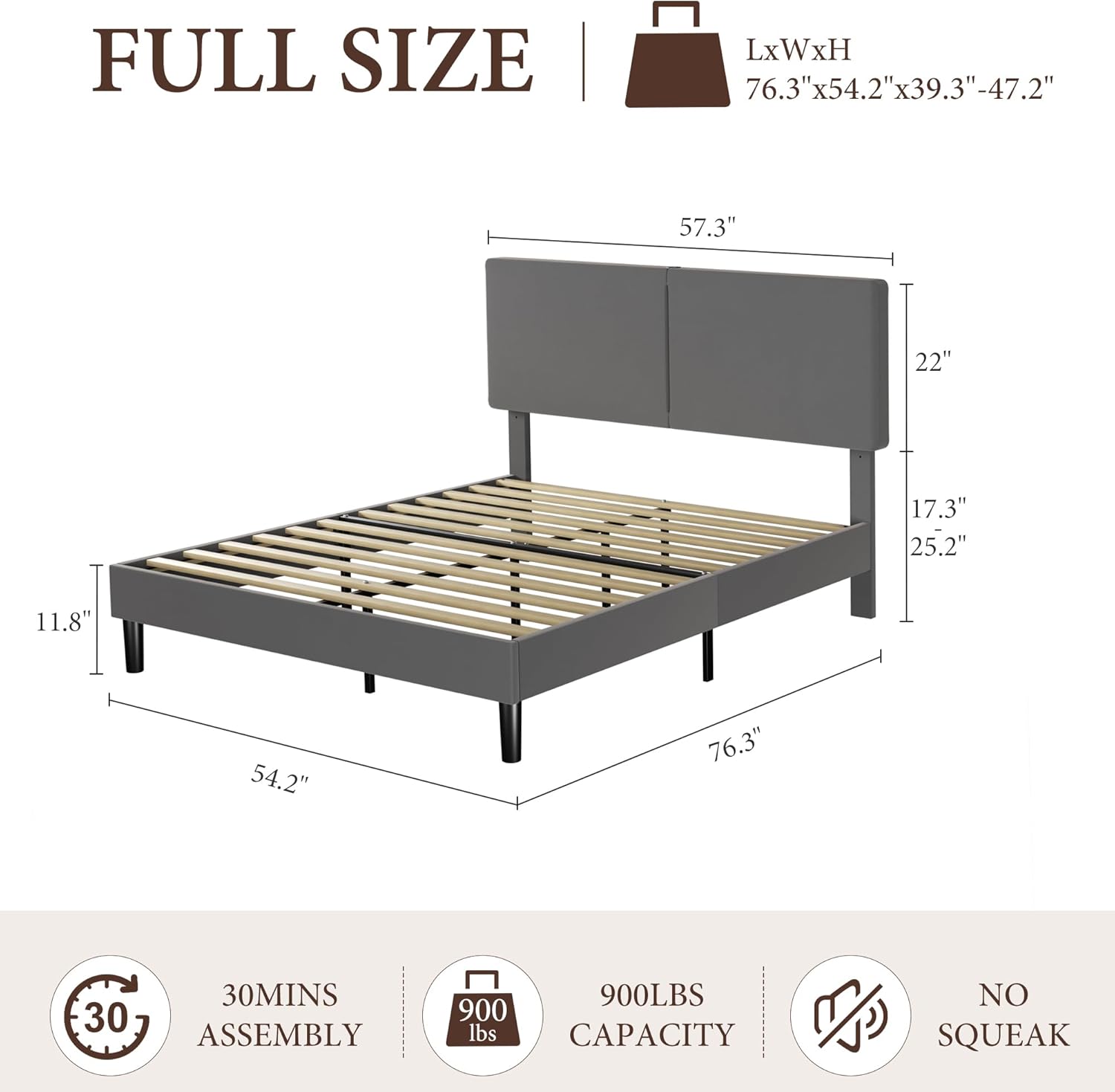 VECELO Twin/Full/Queen Bed Frame Upholstered Platform with Type-C & USB Ports Height-Adjustable Cotton and Linen Headboard