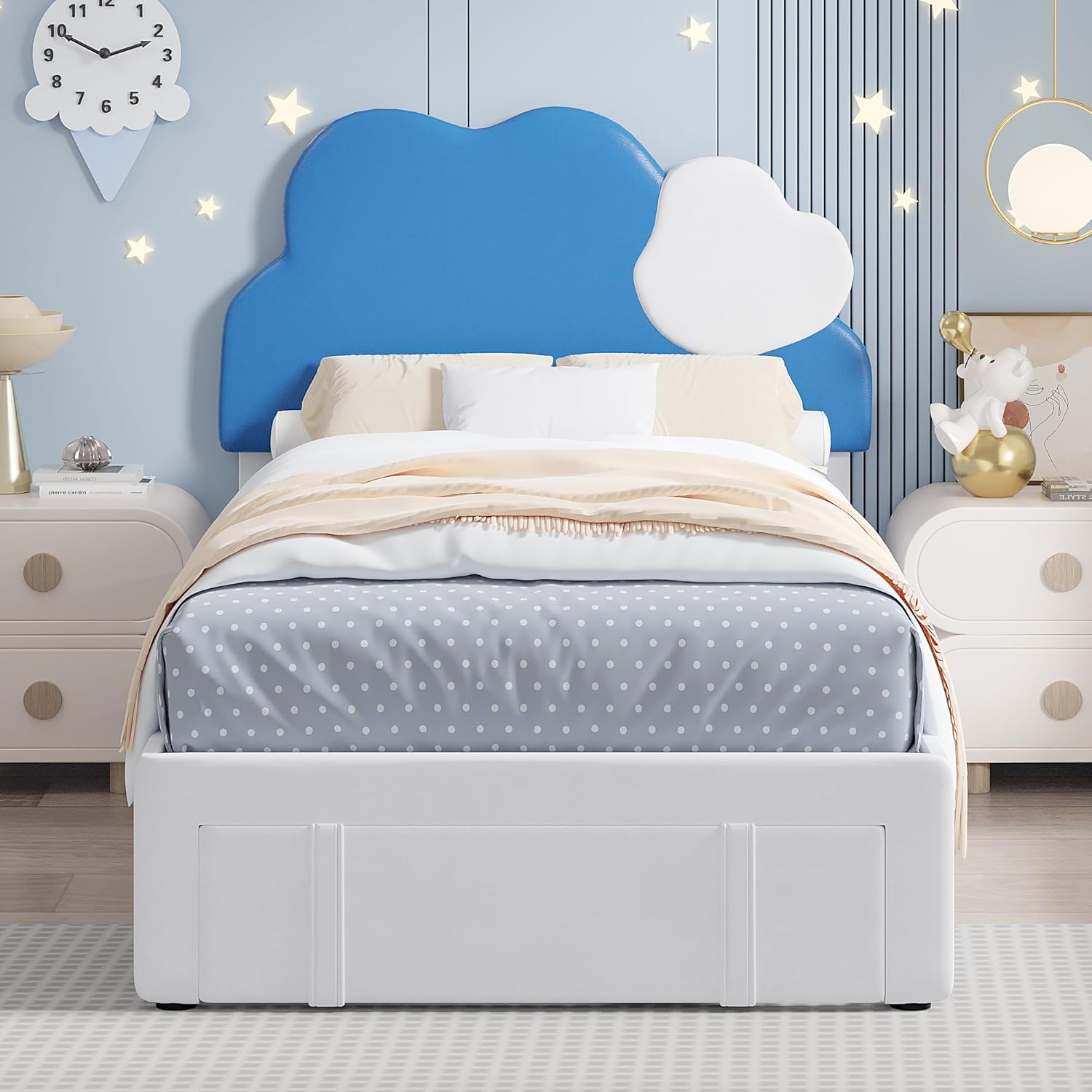 VECELO Twin Upholstered Bed Frame with Storage Drawer for Kids