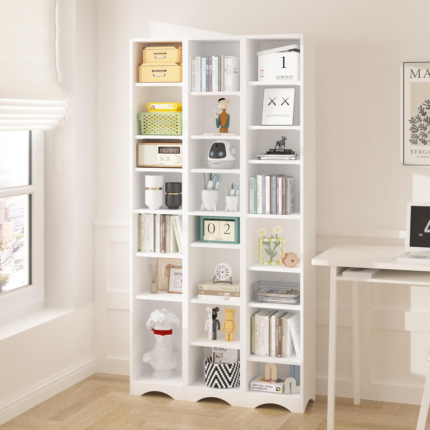 VECELO Tall Narrow Bookcase with Adjustable Shelves – Stylish Slim Storage Cabinet with Moisture-Resistant Base and Space-Saving Design for Home Office – Elegant White Finish