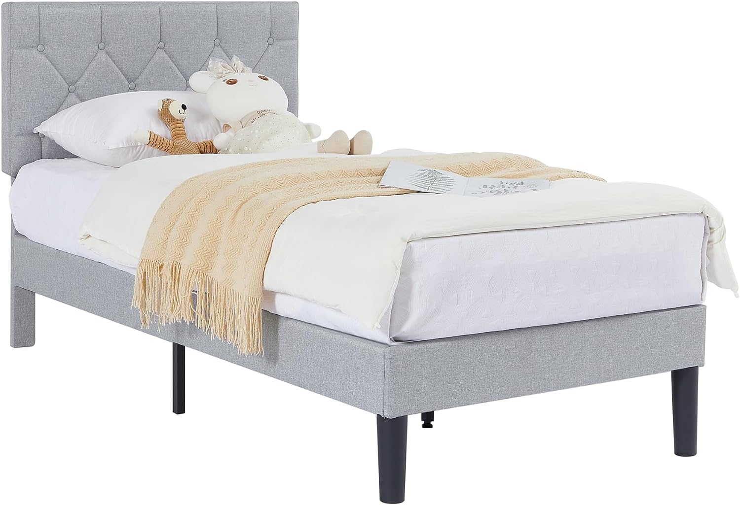 VECELO Queen Size Bed Frame, Upholstered Platform with Adjustable Diamond Tufted Headboard