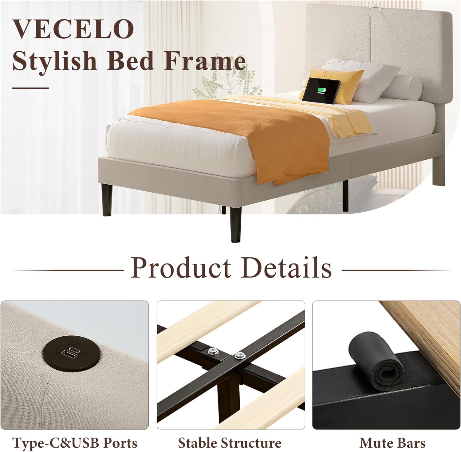 VECELO Twin/Full/Queen Bed Frame Upholstered Platform with Type-C & USB Ports Height-Adjustable Cotton and Linen Headboard