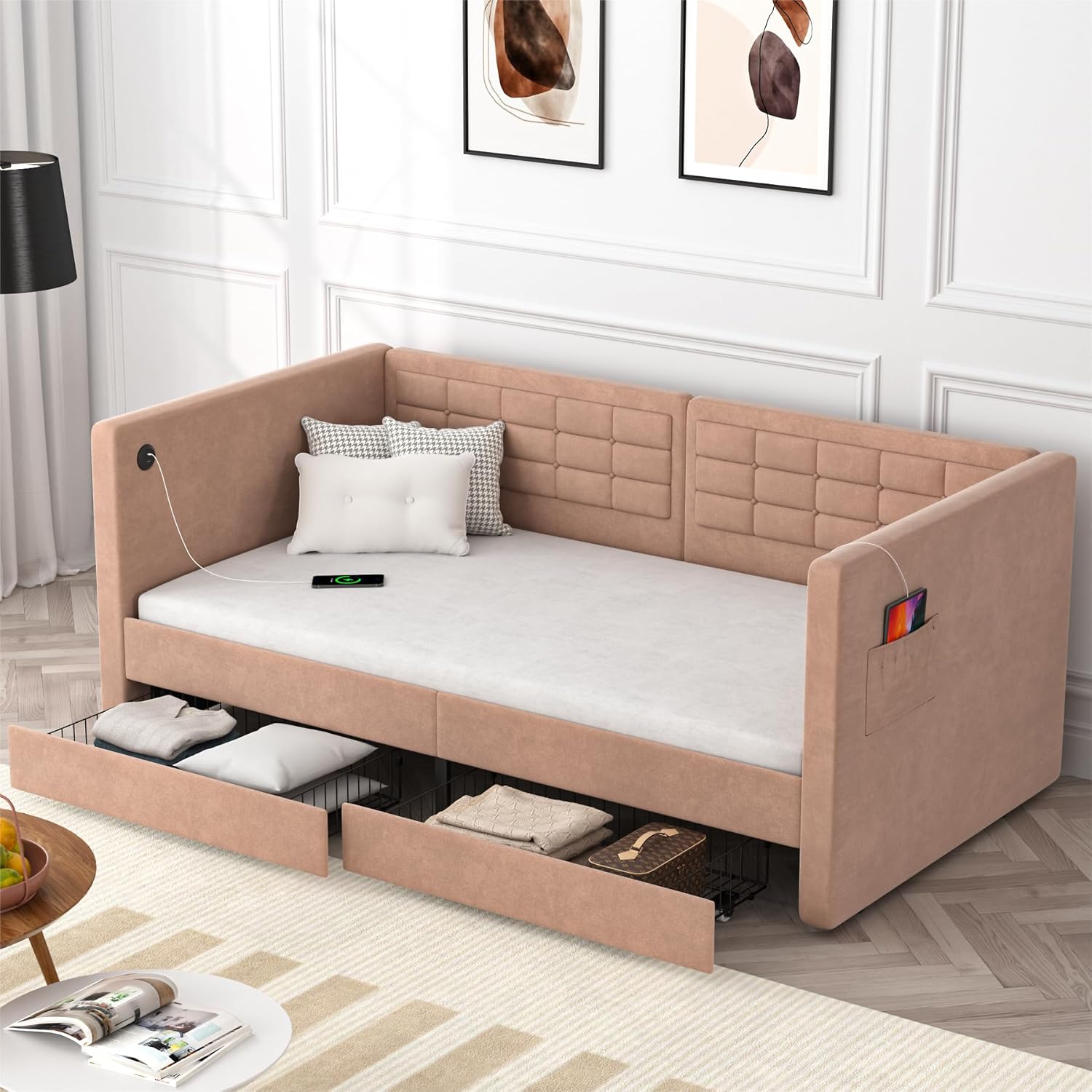 VECELO Twin Daybed with Storage Drawers, Upholstered Day Bed with Button Tufted headboard and Wood Slat Support