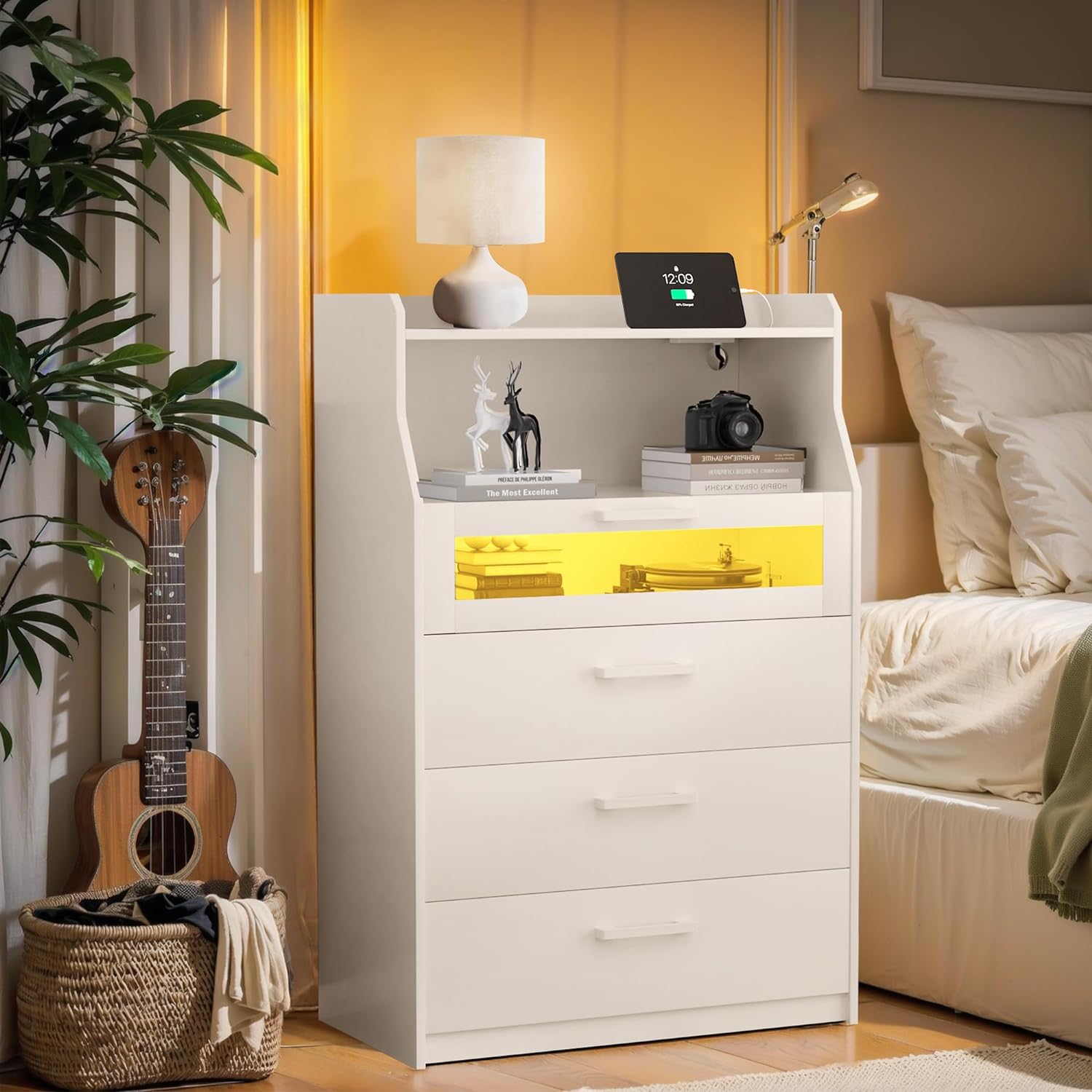 VECELO LED Dresser for Bedroom Tall Chest of 4 Drawers with Power Outlet