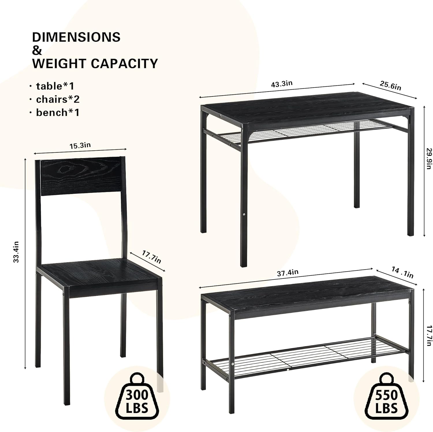 VECELO Kitchen Dining Room Table with 2 Chairs & Bench