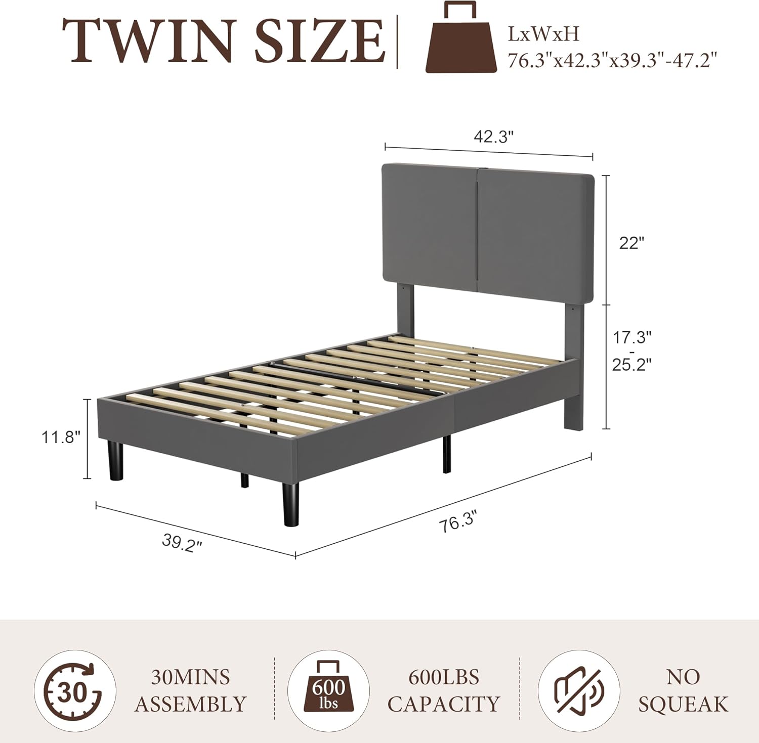 VECELO Twin/Full/Queen Bed Frame Upholstered Platform with Type-C & USB Ports Height-Adjustable Cotton and Linen Headboard