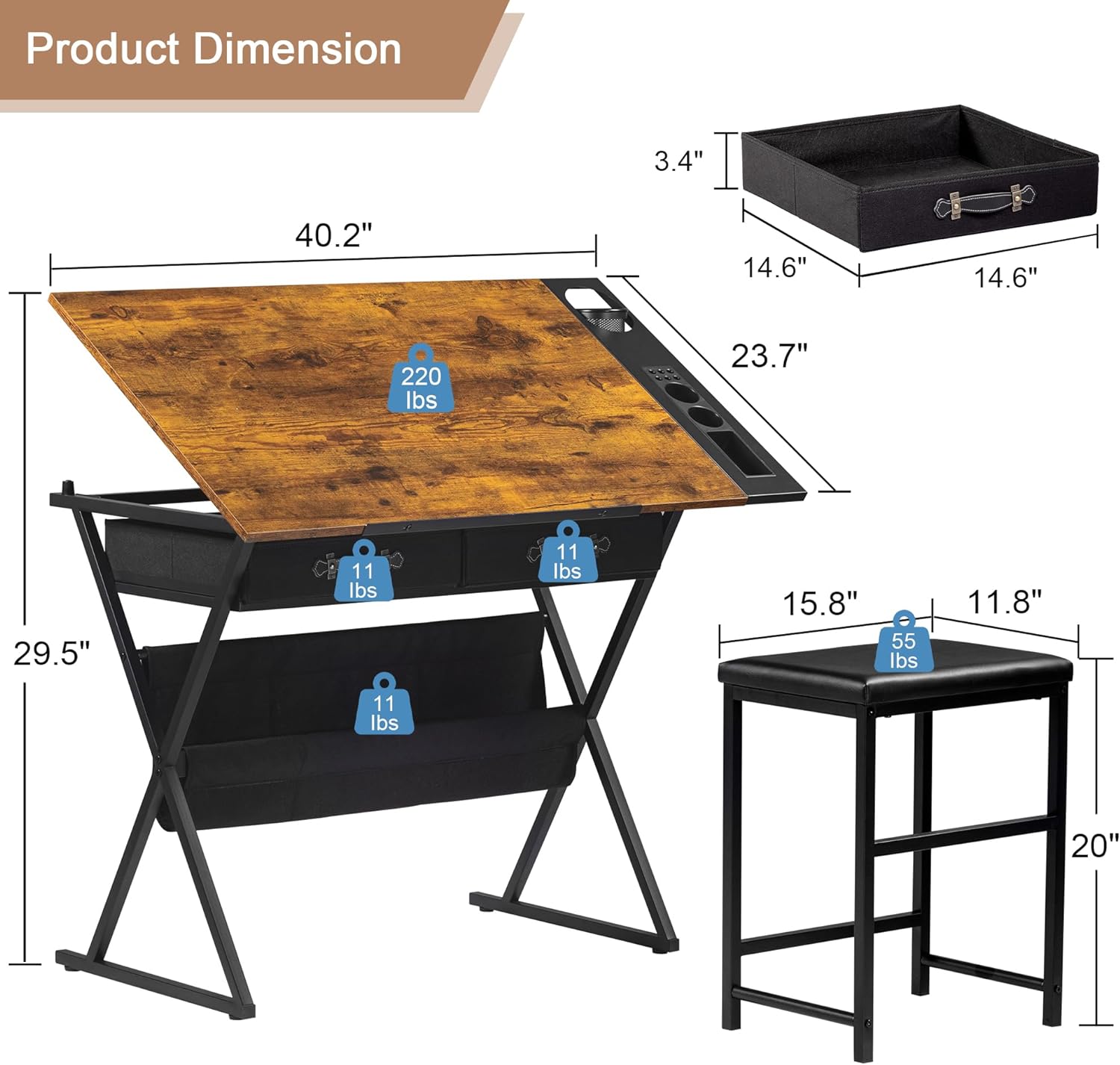 VECELO Drafting Table Adjustable Desk Tilted Tabletop with 2 Storage Drawers and Stool