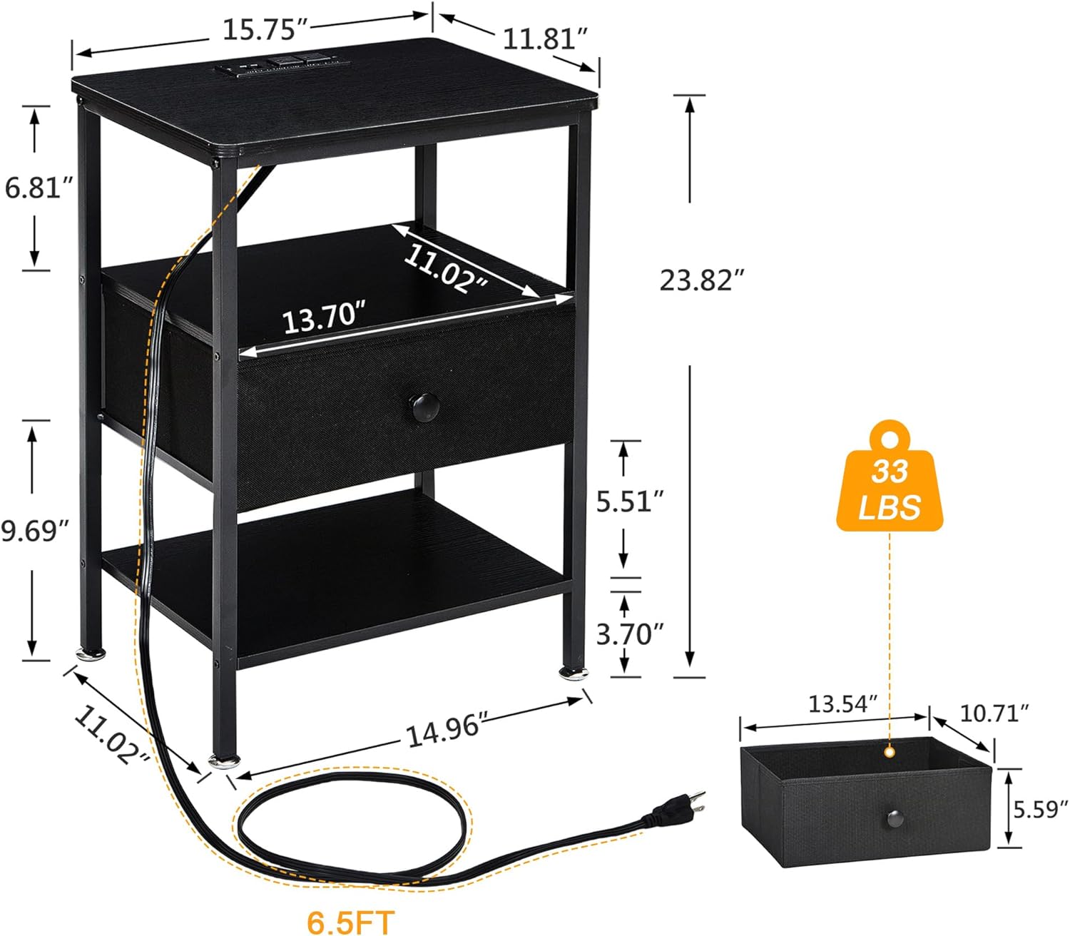 VECELO End Table with Charging Station