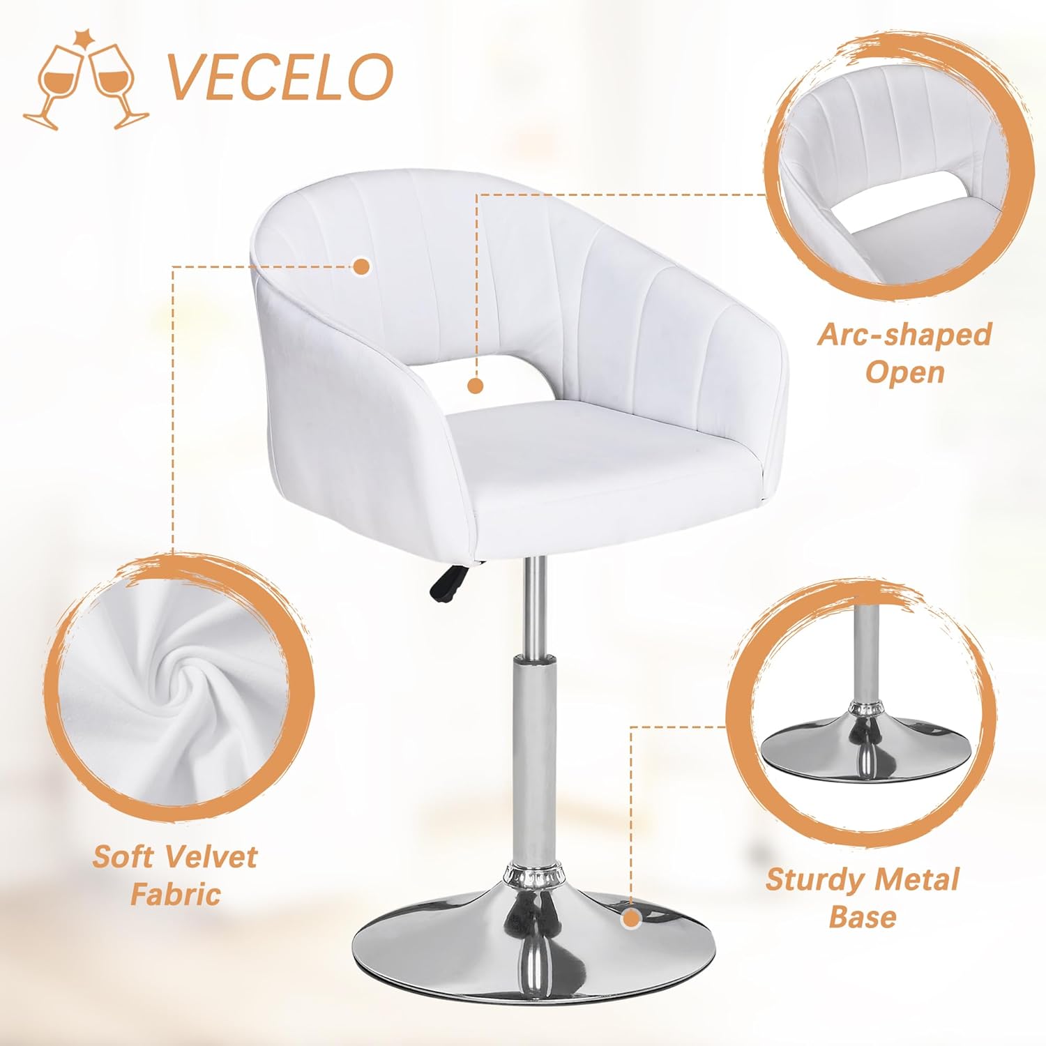 VECELO Velvet Bar Chair, Vanity Stool with High Back Metal Base