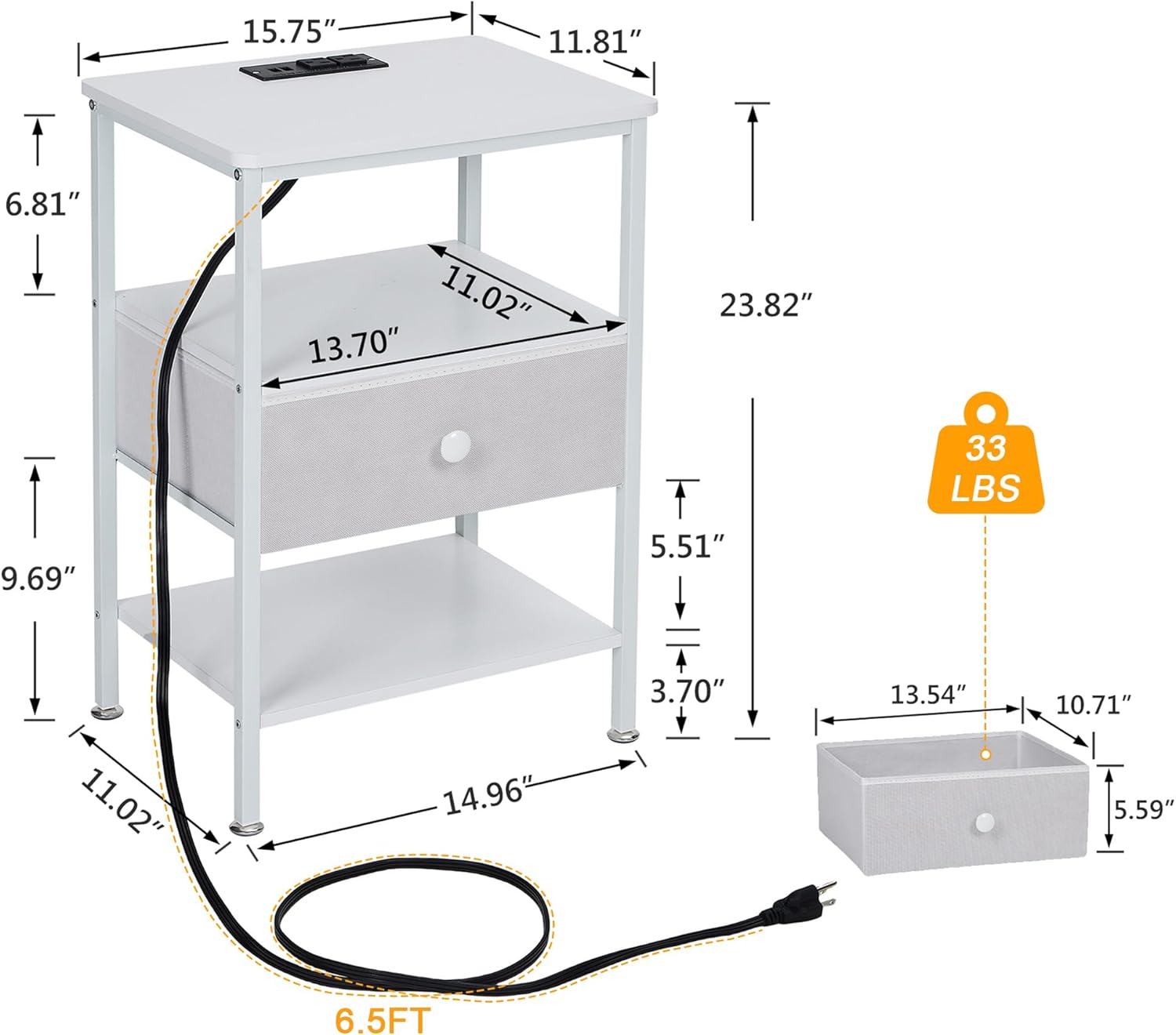 VECELO End Table with Charging Station