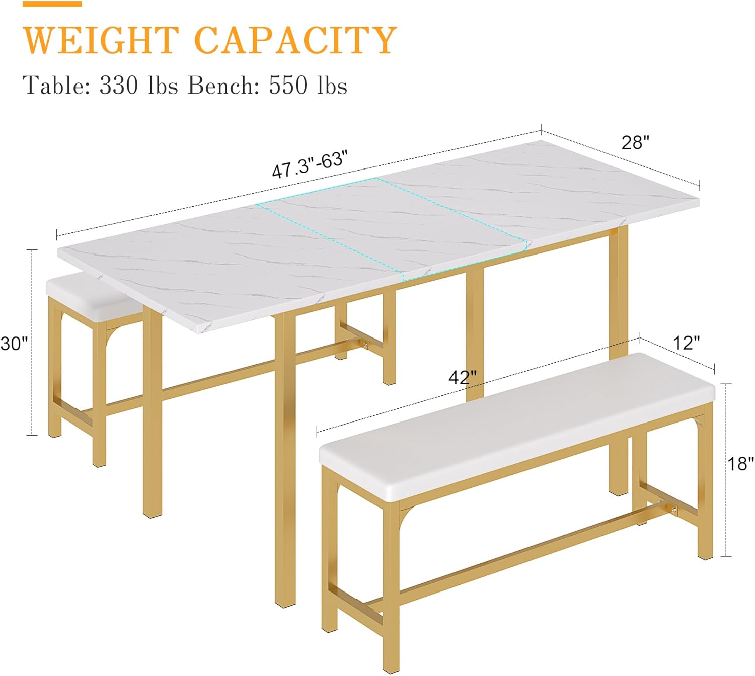 VECELO 3-Piece 63" Extendable Kitchen Table with Benches/Chairs