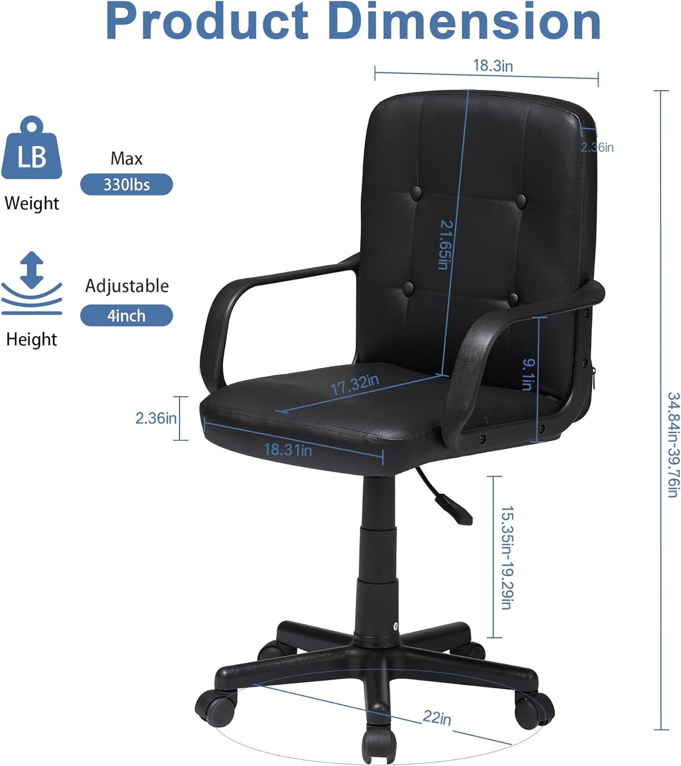 VECELO Small Desk Armless Low-Backrest PU Leather Ergonomic Computer C