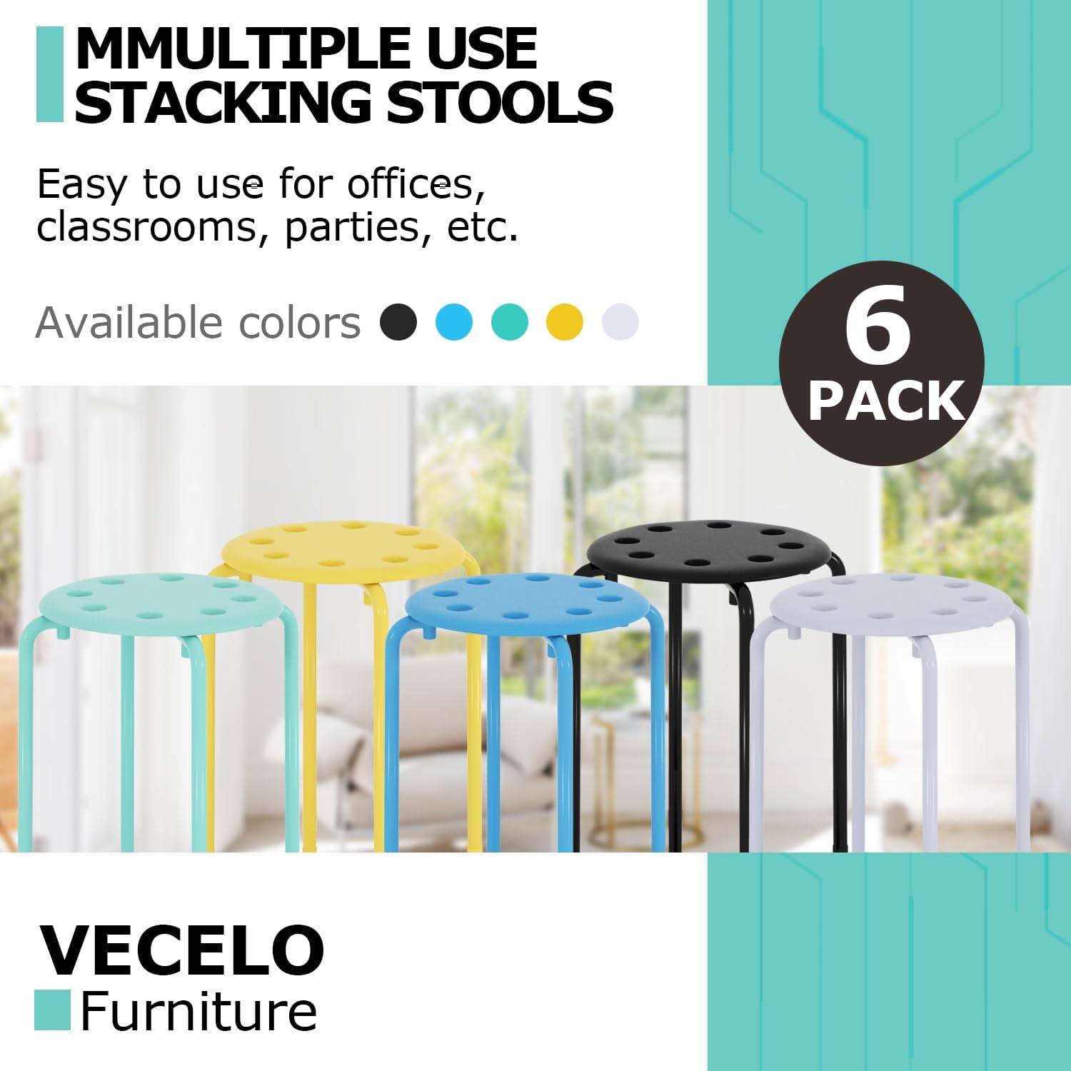 VECELO 6-Piece Stacking Stools, 17.7 Inch Standard Height