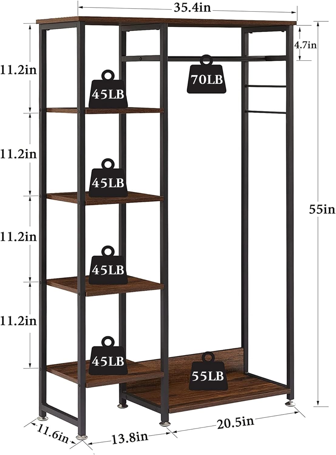  Lulive Clothes Rack, Heavy Duty Garment Rack for Hanging Clothes,  Industrial Clothing Racks with Shelves, 2 Fabric Drawers, 4 Hooks, 2  Hanging Rods, Freestanding Closet Organizer, Rustic Brown : Home & Kitchen