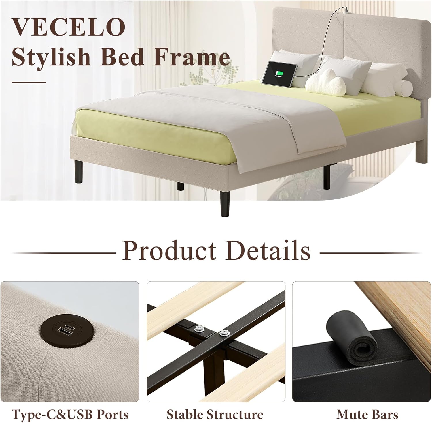 VECELO Twin/Full/Queen Bed Frame Upholstered Platform with Type-C & USB Ports Height-Adjustable Cotton and Linen Headboard