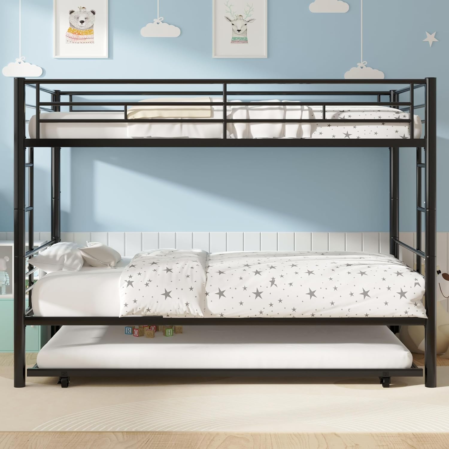 VECELO Bunk Bed Twin Over Twin with Trundle, Metal Bunkbeds with Ladder and Full-Length Guardrail