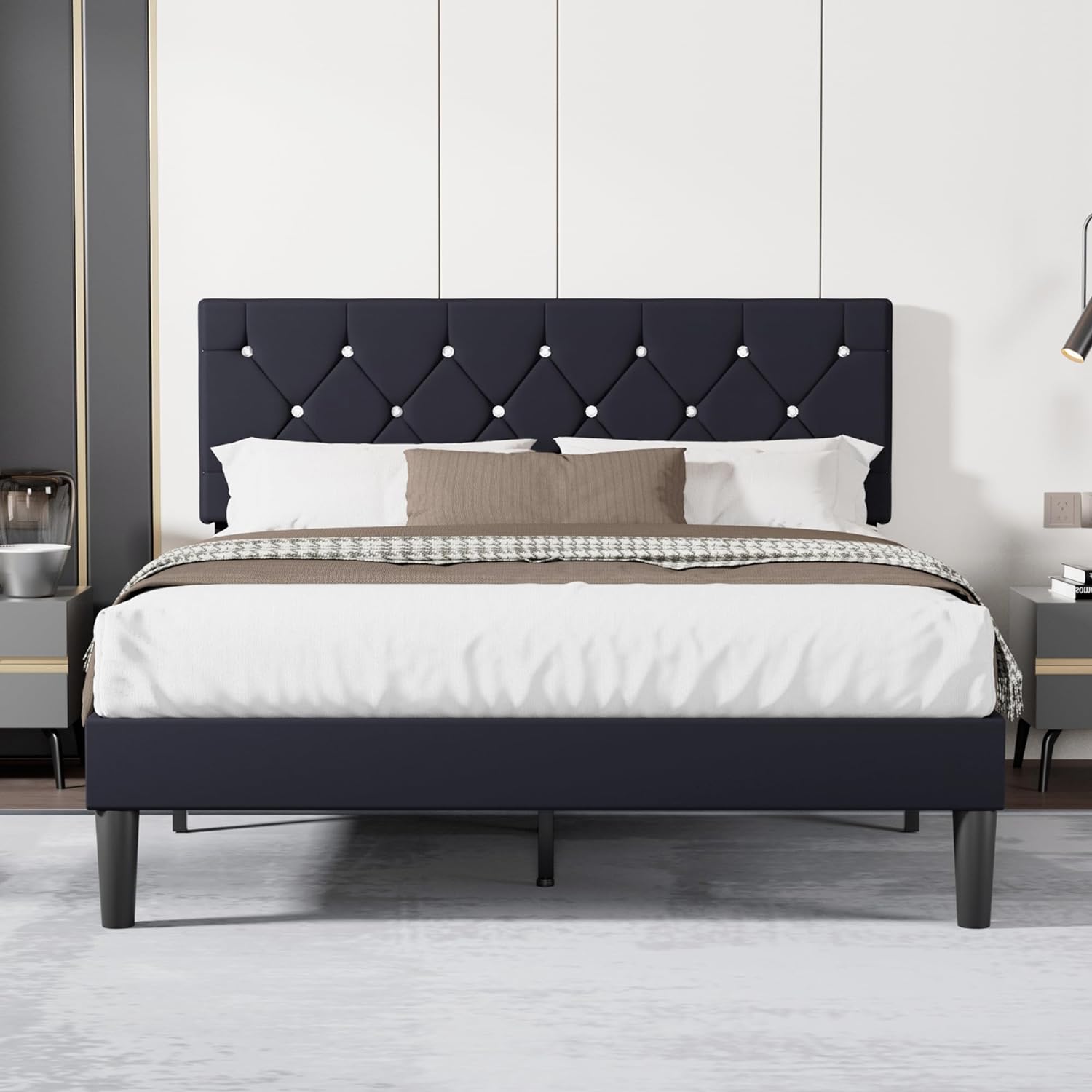 VECELO Queen Size Bed Frame, Upholstered Platform with Adjustable Diamond Tufted Headboard