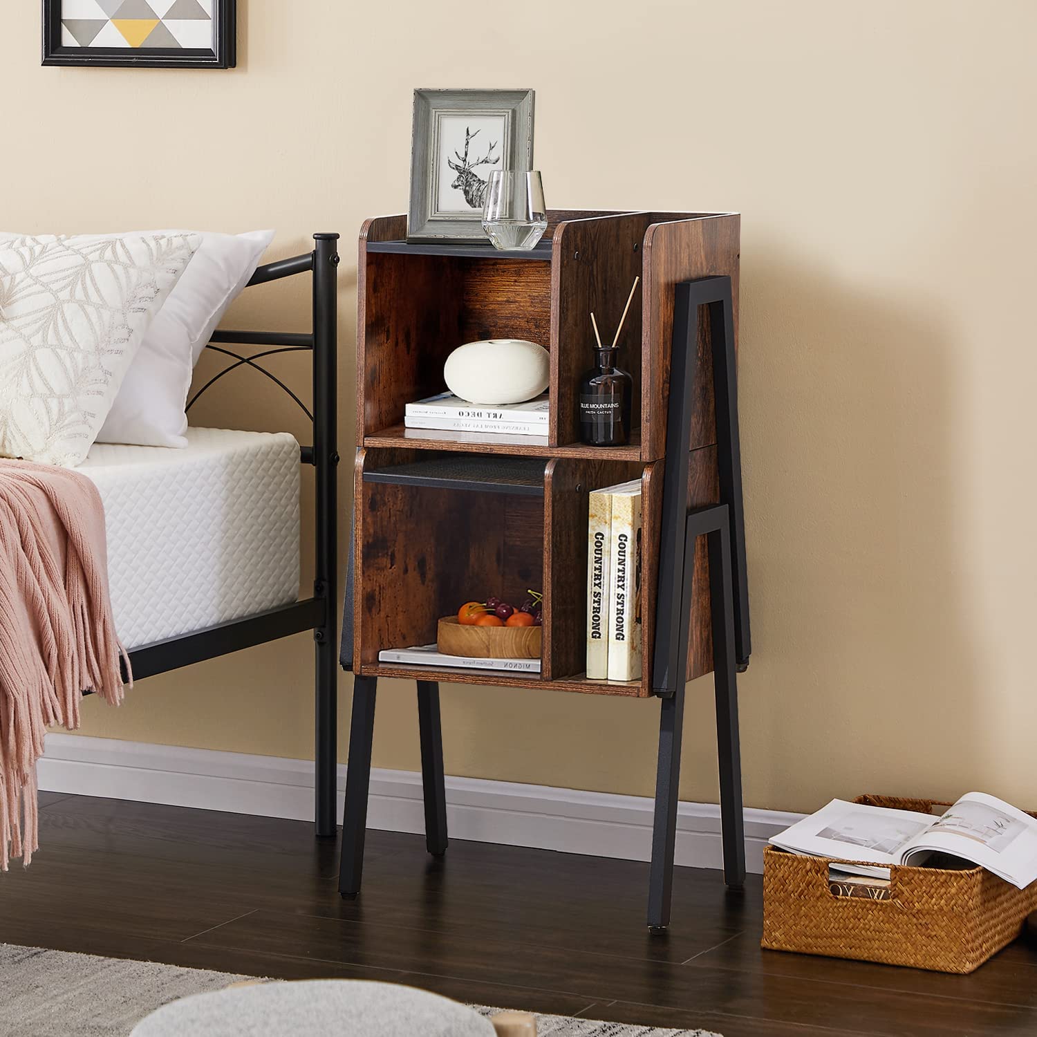 VECELO Narrow End Side Table/Tall Nightstand with 2 Drawers and Open S