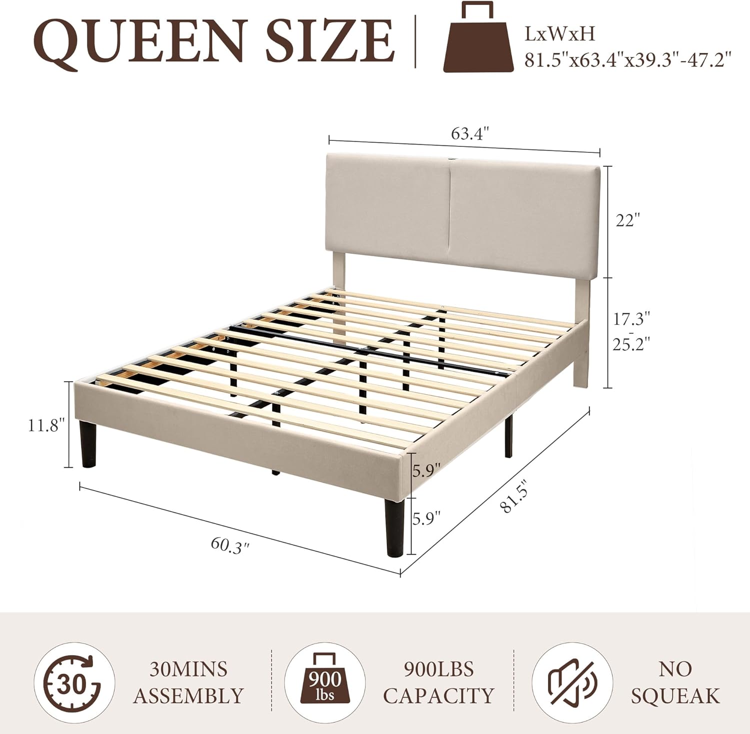 VECELO Twin/Full/Queen Bed Frame Upholstered Platform with Type-C & USB Ports Height-Adjustable Cotton and Linen Headboard